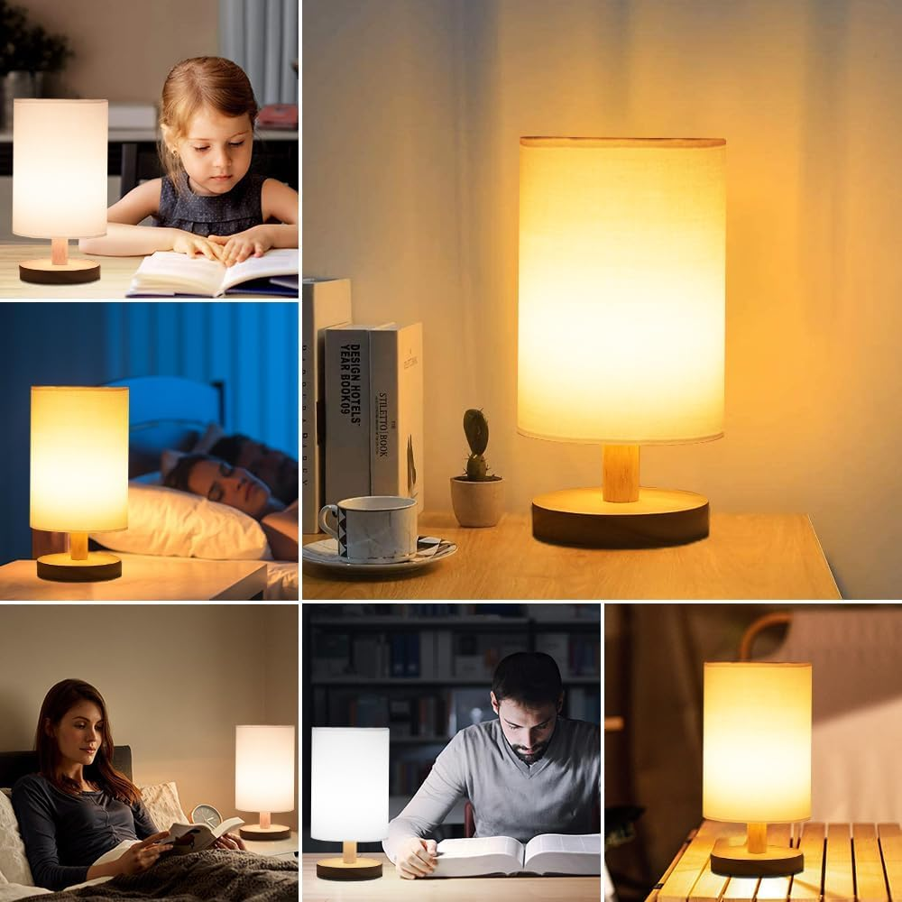 Necomi Bedside Table Lamp, LED Bedrooms Lamps with Remote Control, Dimmable & 3 Color Temperature, USB Power Minimalist Solid Wood round Base with Fabric Shade for Living Room, Kids Room, Office image number 2