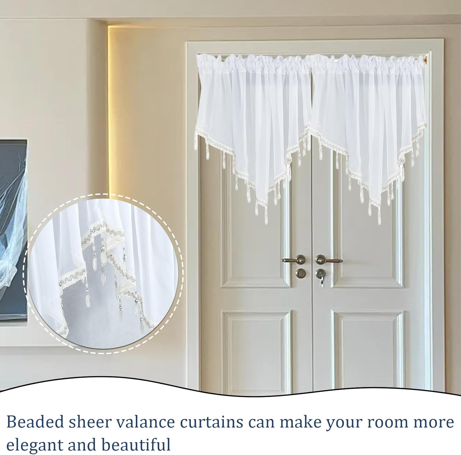 1Pcs Purple Sheer Valance Curtains 51.2 X 23.6 Inch, Beaded Swag Valances for Windows Living Room Kitchen Bedroom Bathroom, Short Top Farmhouse Valance Curtains with Rod Pocket Tassel Voile