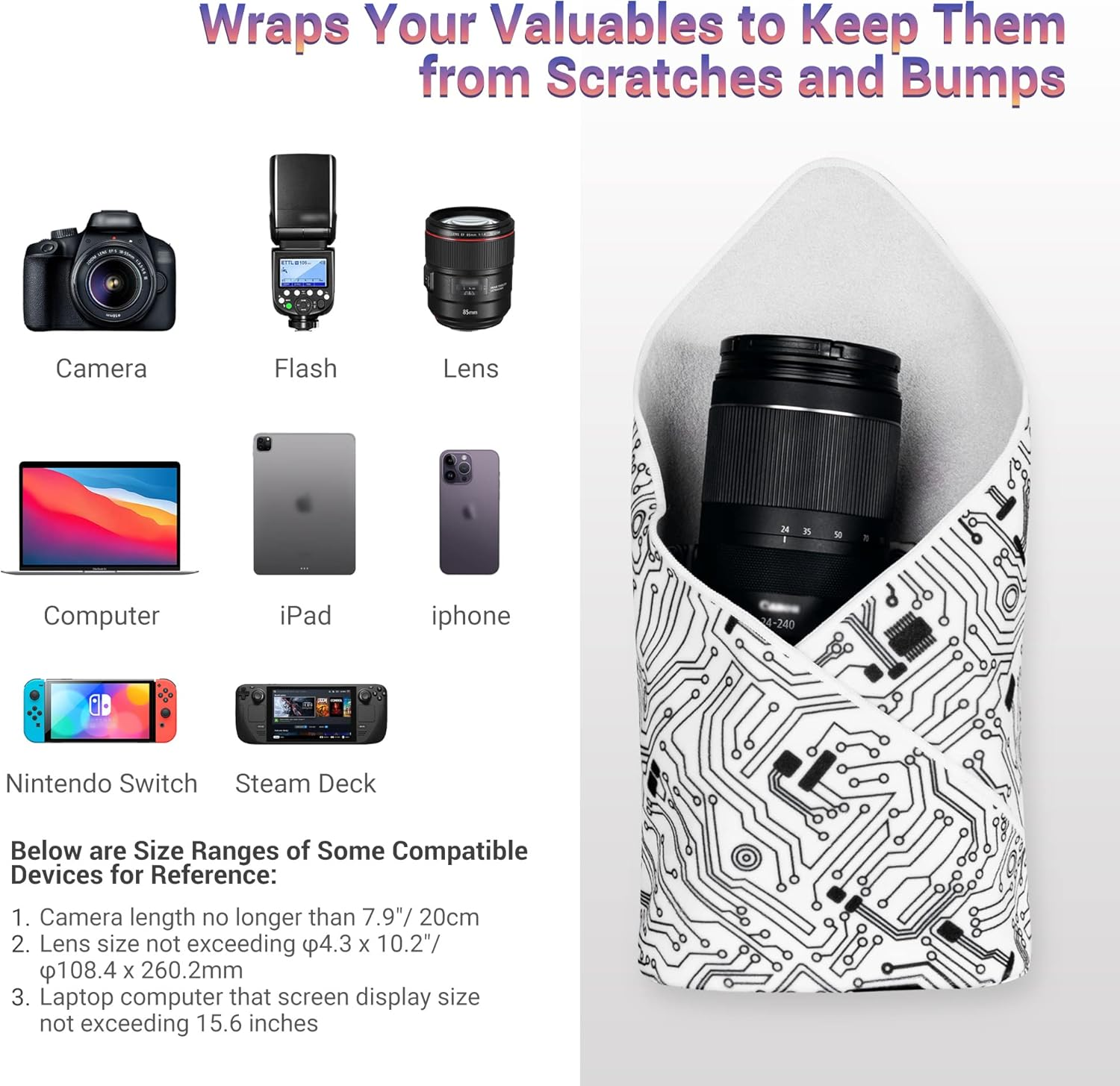 JJC 50X50Cm Camera Lens Protective Wrap with Pouch, Magic Self-Adhesive Flexible Wrapper Travel Accessories for DSLR Mirroless Cameras Cover Switch Ipad Equipment Protector Bag Case Foldable -Circuit image number 5