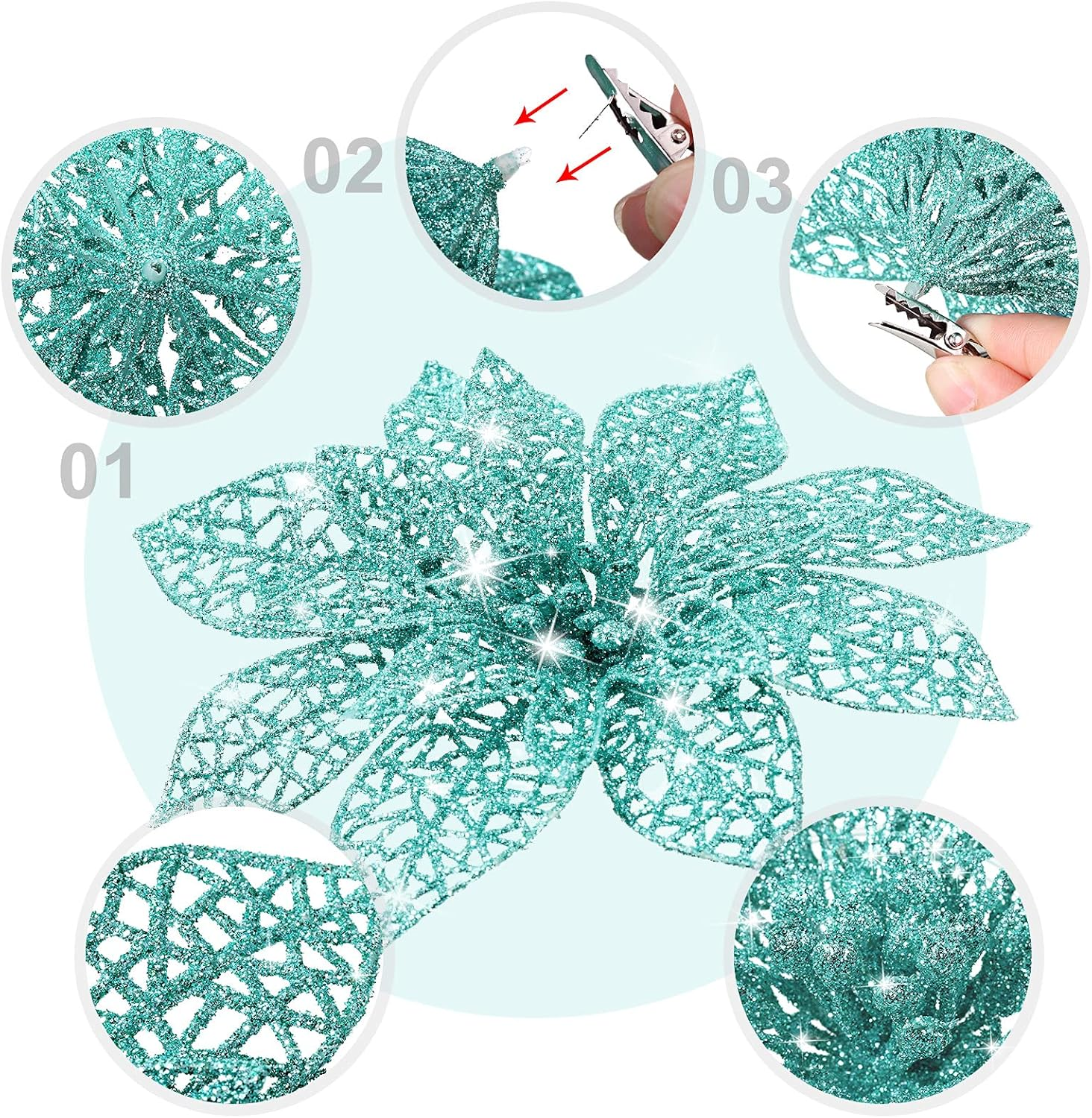 WILLBOND 36 Pieces Christmas Poinsettia Flowers Artificial Ornaments Glitter Christmas Decorations Tree Wedding New Year(Blue-Green) image number 3