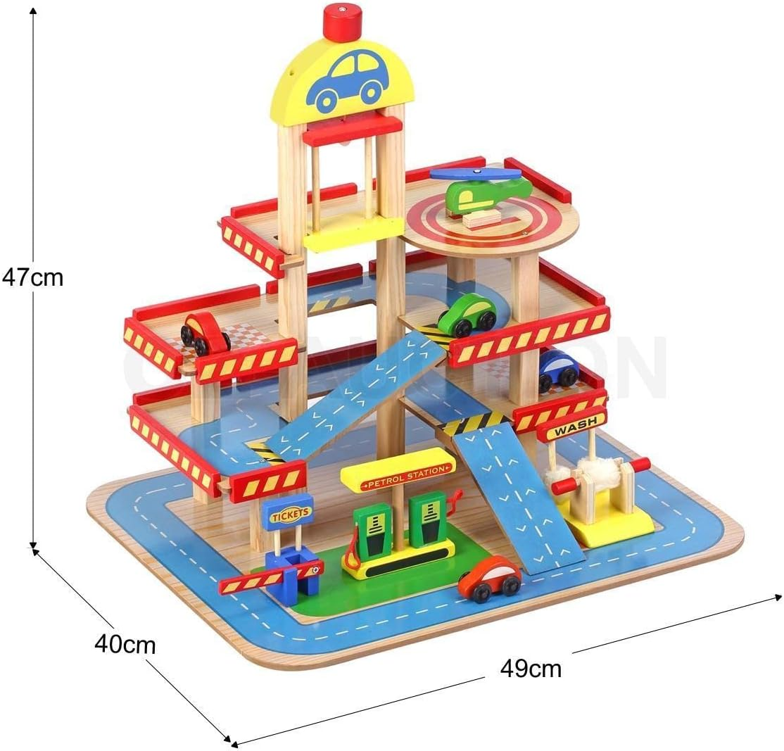 Kids Wooden Car Garage Premium Toy Car Park Car Ramp Car Parking Playset Colourful with 4 Levels Lift, Car&rsquo;S Car Wash, Petrol Station and Helicopter Pad image number 1