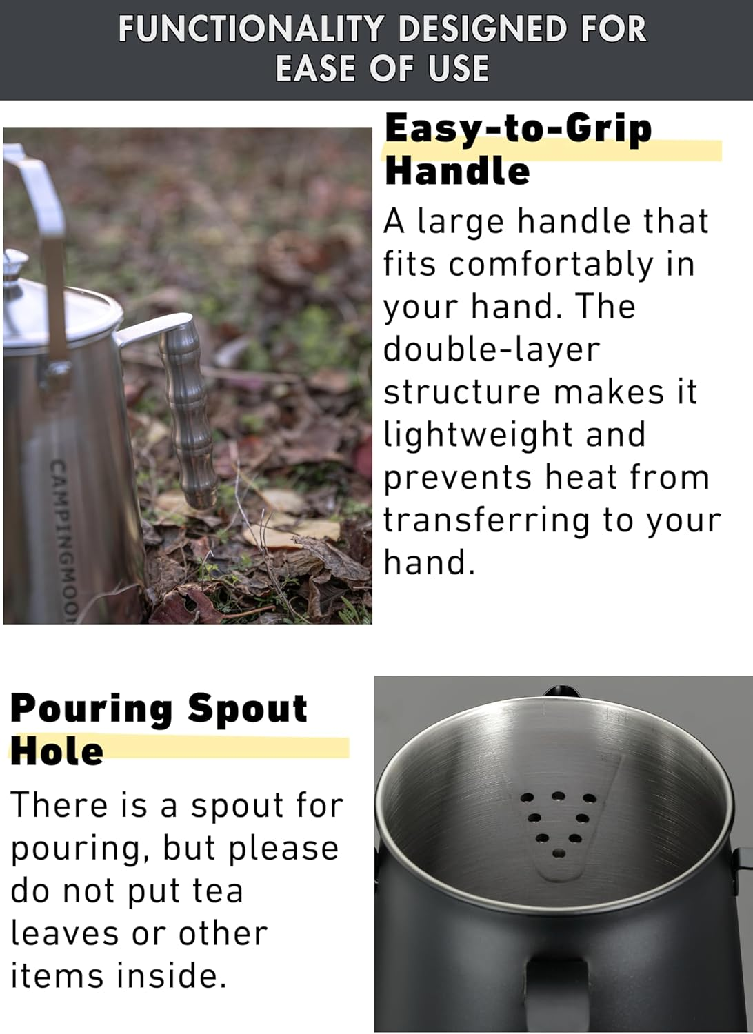 CAMPINGMOON 1.5L Campfire Kettle Stainless Steel Camping Coffee Pot Full Capacity 1.86L SW-6 image number 1