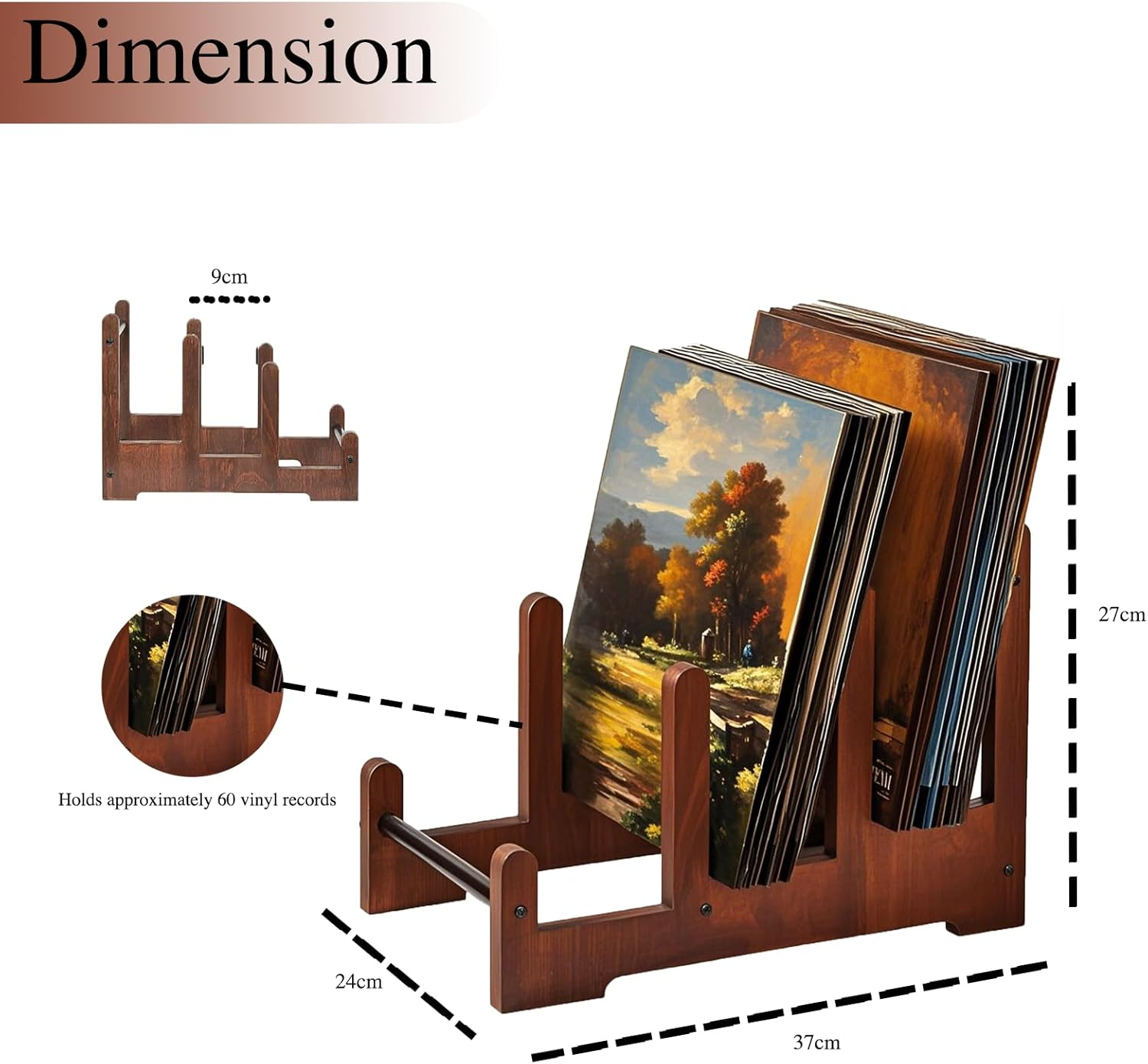 Record Holder - 3-Tier Vinyl Record Storage, Holds up to 60 Albums, Wooden Record Stand, Stylish Display & Organizer for Lps, Album Storage Rack for Collectors image number 3