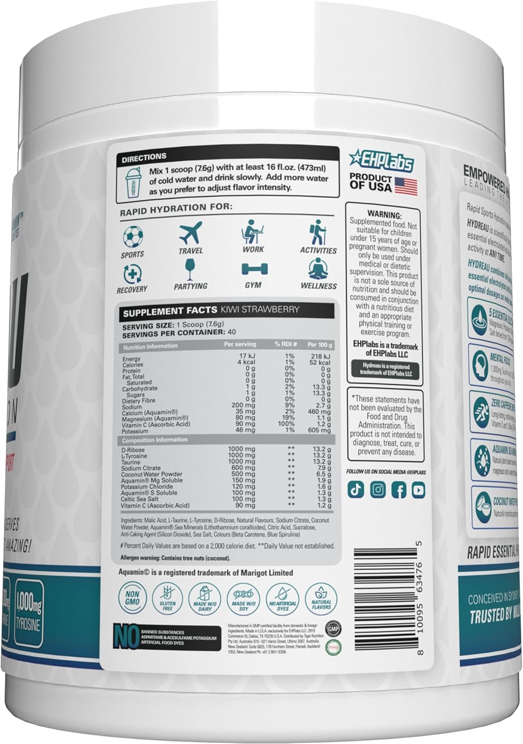 EHP Labs Hydreau Electrolytes Powder No Sugar - Hydration for Endurance & Energy - Electrolyte Powder for Men & Women - Sugar Free Electrolytes - (Kiwi Strawberry, 40 Serves) image number 4