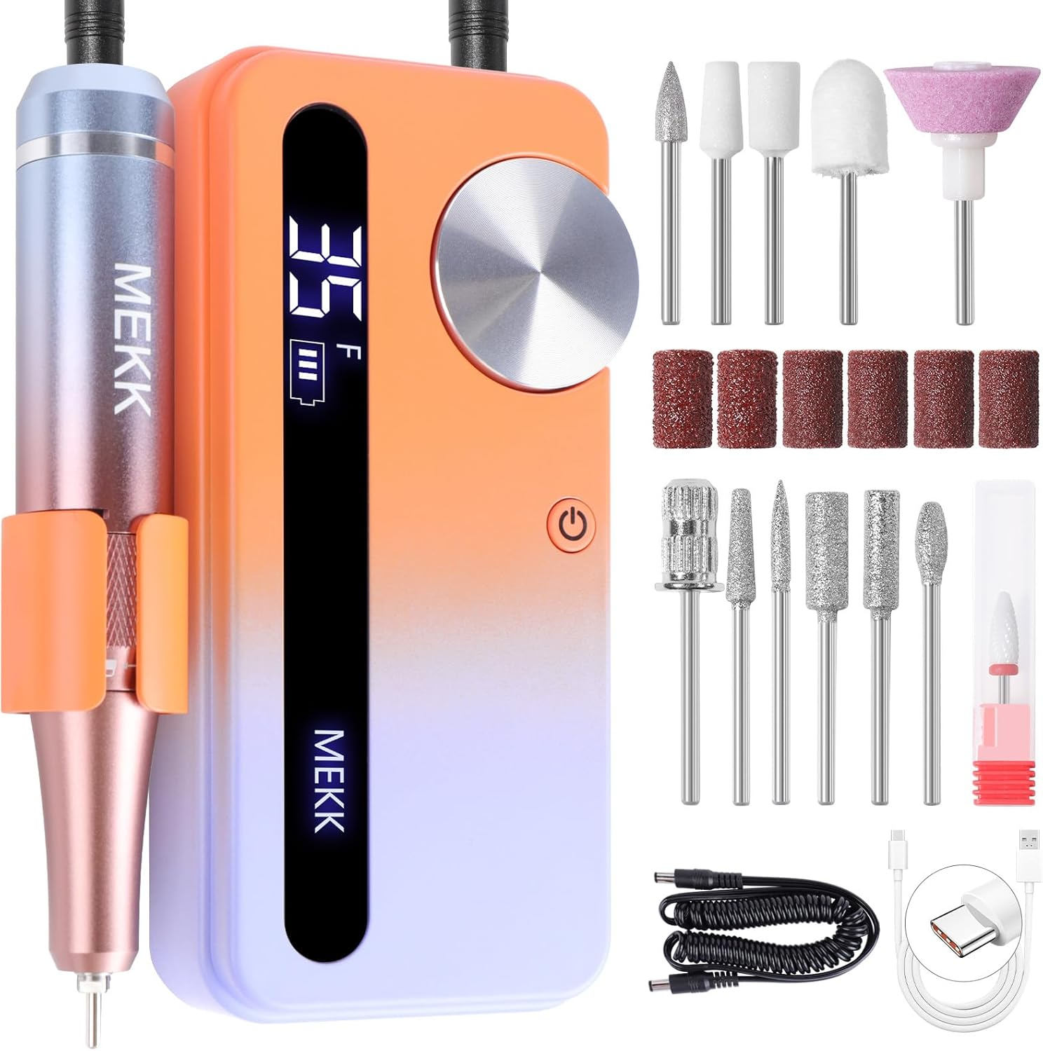 MEKK Nail Drill Kit,35000Rpm Electric Nail Drill Professional Electric Nail File with 12PCS Bits,Anti-Shaking Cordless E Filer for Nails,Home & Salon(Orange Blue)