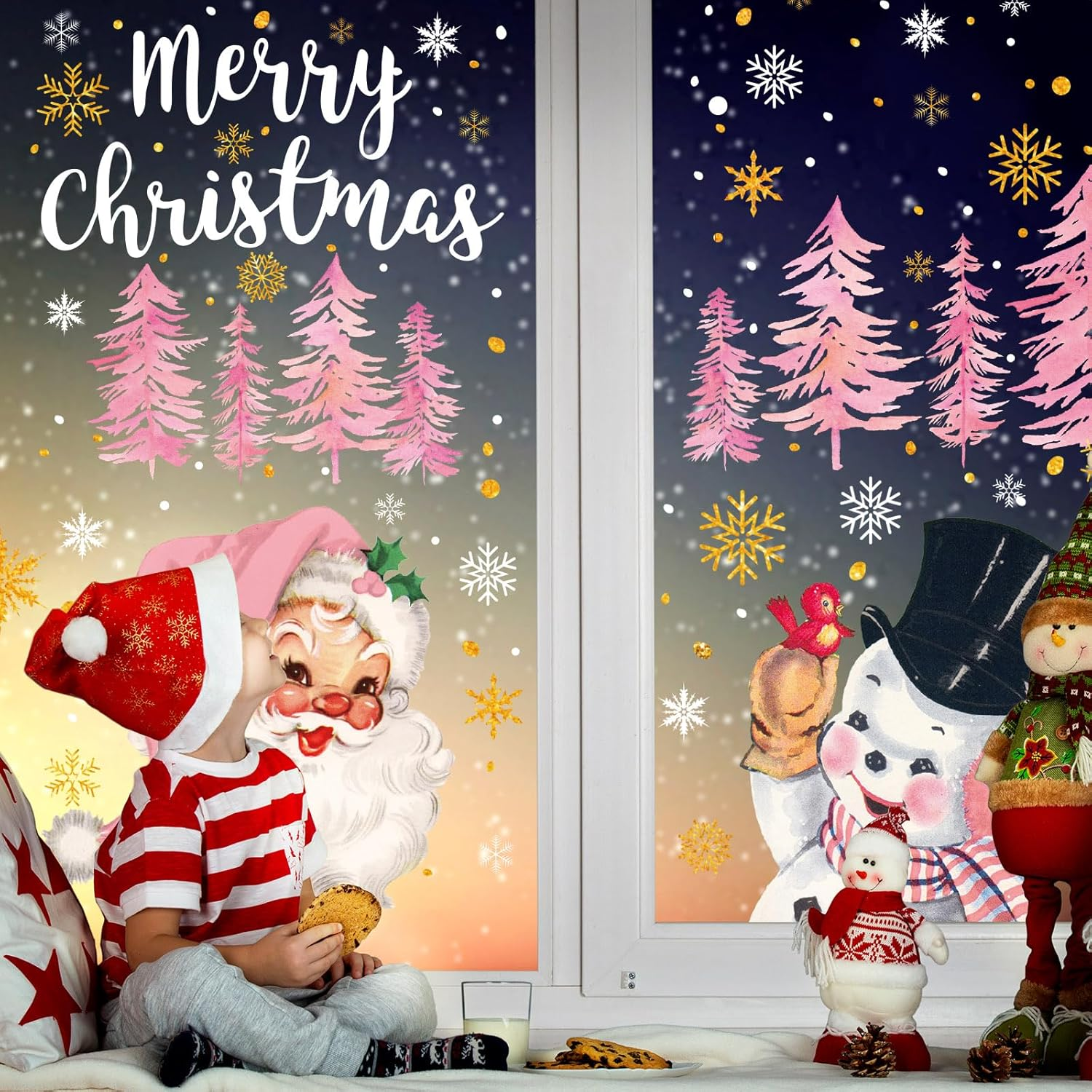 6 Sheets Christmas Window Clings Vintage Xmas Pink-Gold Santa Snowman Window Decals Double-Sided Winter Holiday Glass Decor image number 5