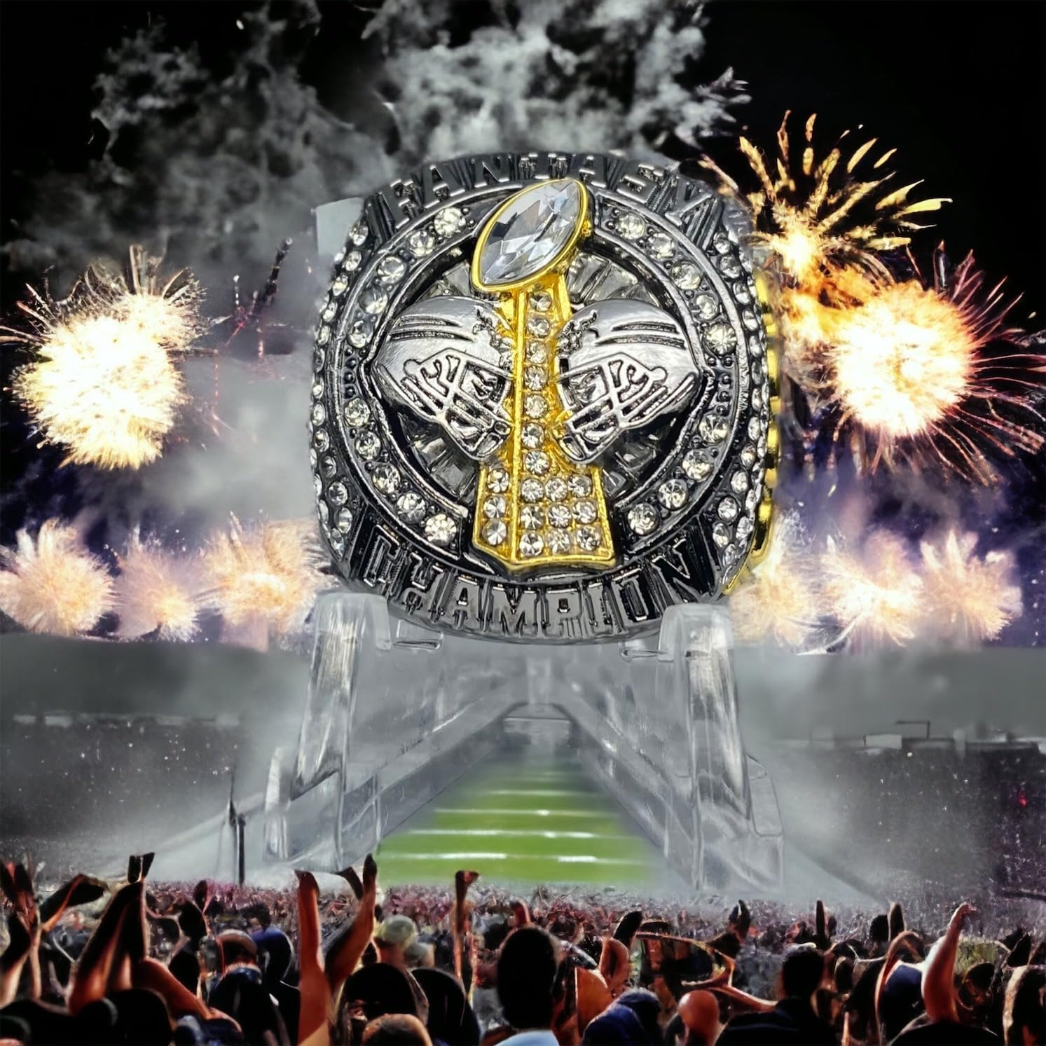 Legacy Rings 2024 Fantasy Football Championship Trophy Ring | Gunmetal and Gold Tone | Award for FFL Champion Size 11 - Dark Blue Stones image number 2