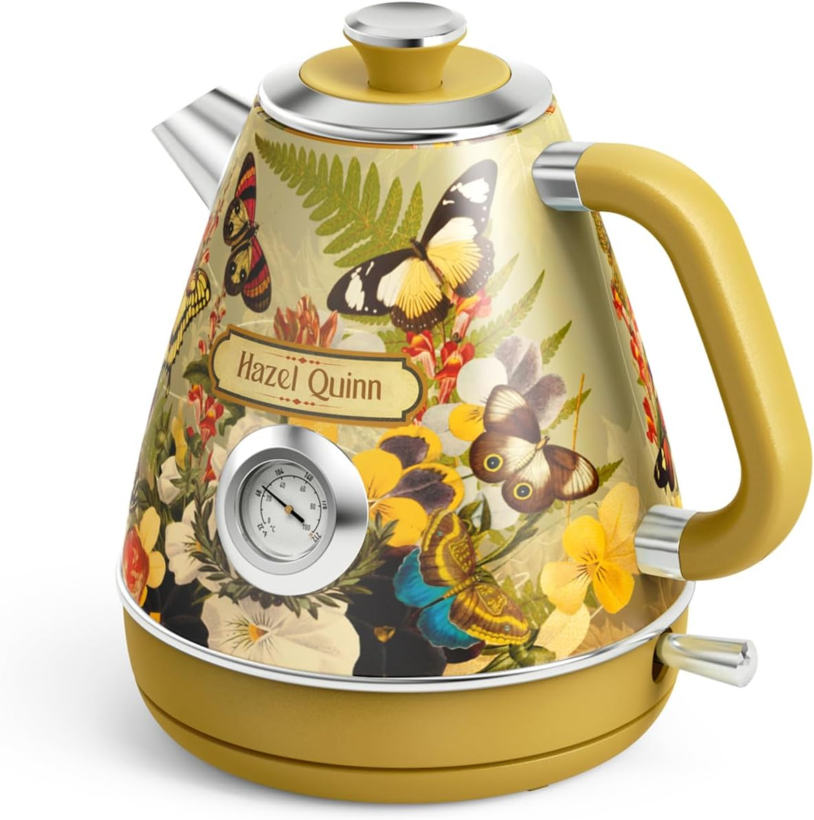 Hazel Quinn Vintage Electric Water Cordless Kettle, 304 Stainless Steel, Dial Thermometer, Fast Boiling, Auto Shut-Off, 1.7 L Capacity, 2200 W, 360&deg; Swivel Base, Floral Design by Artist Eduardo Recife - Ruby Red image number 4