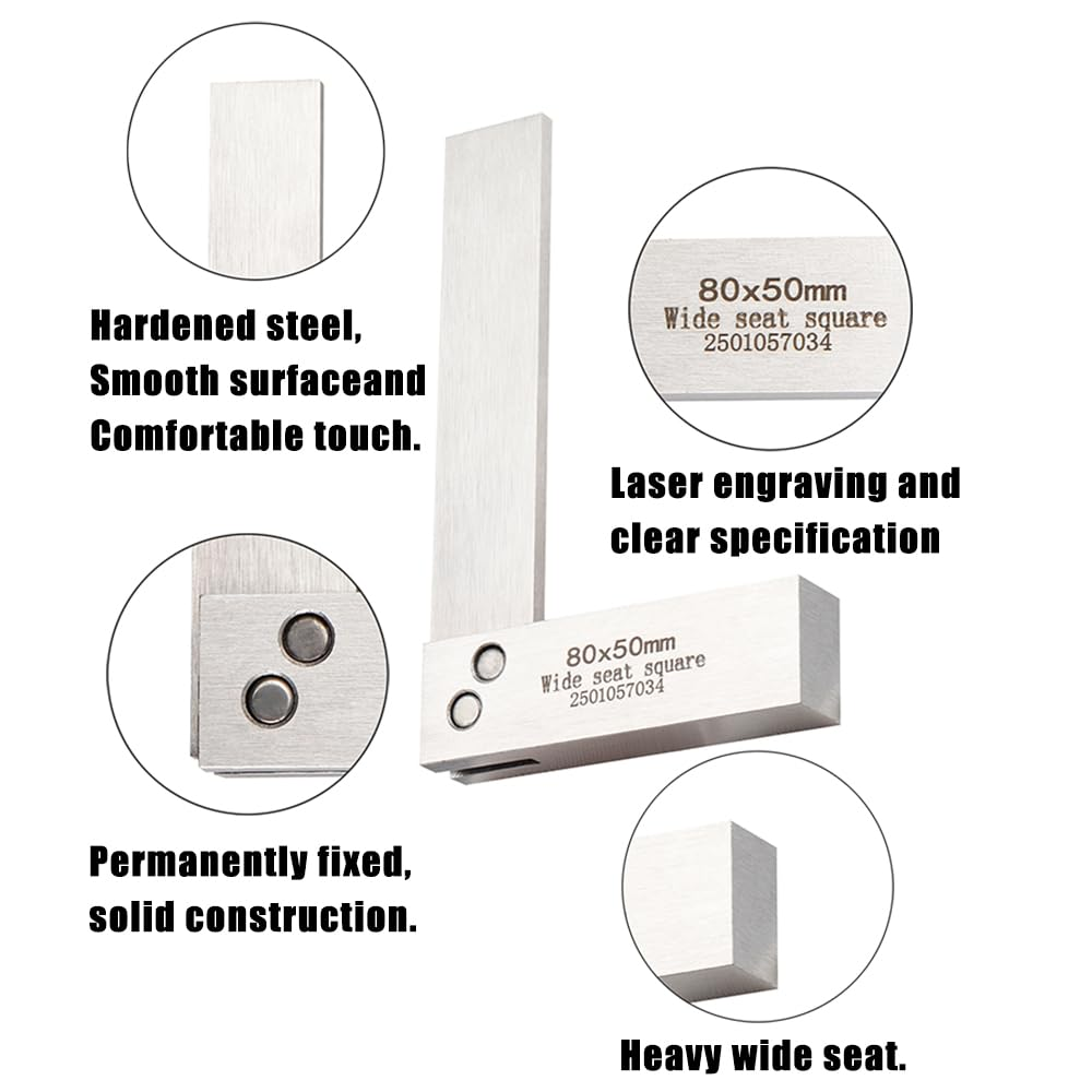 Yakamoz Machinist Square Set, Precision Engineer Wide Seat Square 90 Degree Right Angle Ruler Wide Base Tool, Carbon Steel L-Type Testing Measuring Tool for Woodworking (80 X 50Mm) image number 1