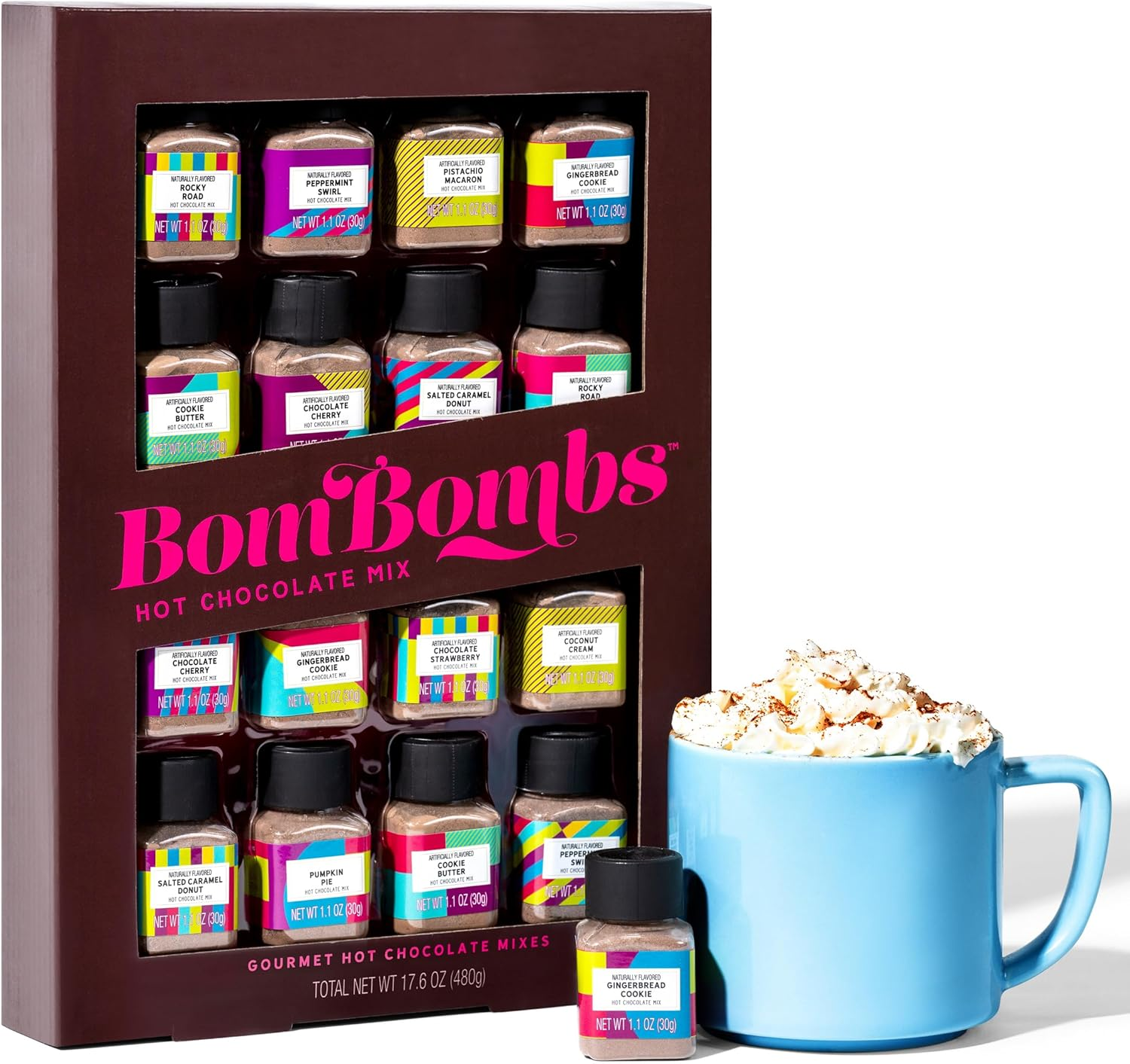 Bombombs, Hot Chocolate Mix Gift Set in Mini Bottles, Flavours Include Rocky Road, Pumpkin Pie, Chocolate Cherry, Peppermint Swirl, Salted Caramel Donut & More, Sampler Set of 16 image number 1