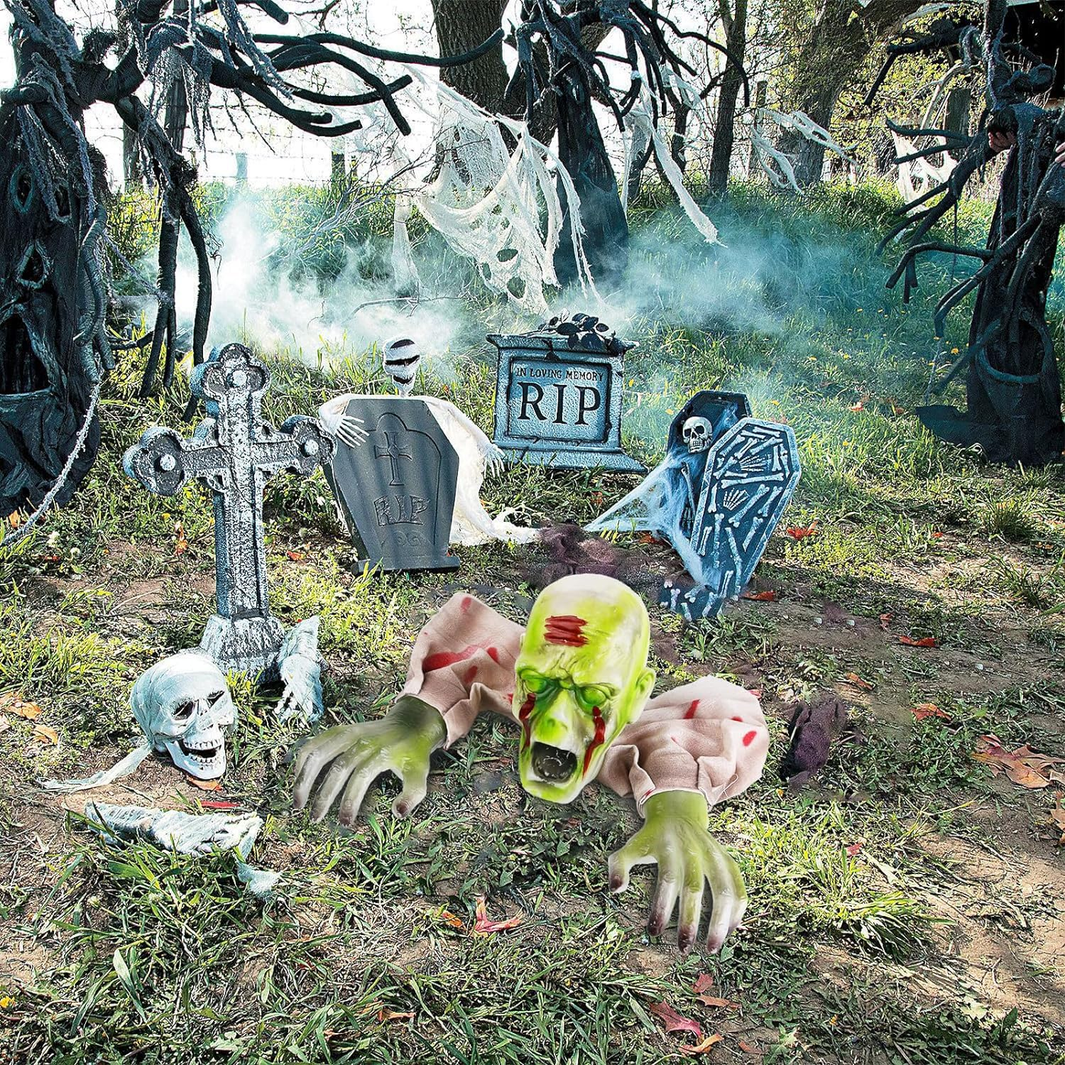 Halloween Decorations Outdoor Lighted Zombie Groundbreaker, Scary Zombie Halloween Decorations, Realistic Skeleton Arms Stake & Face for Garden Haunted House Graveyard Creepy Halloween Party Decor image number 4