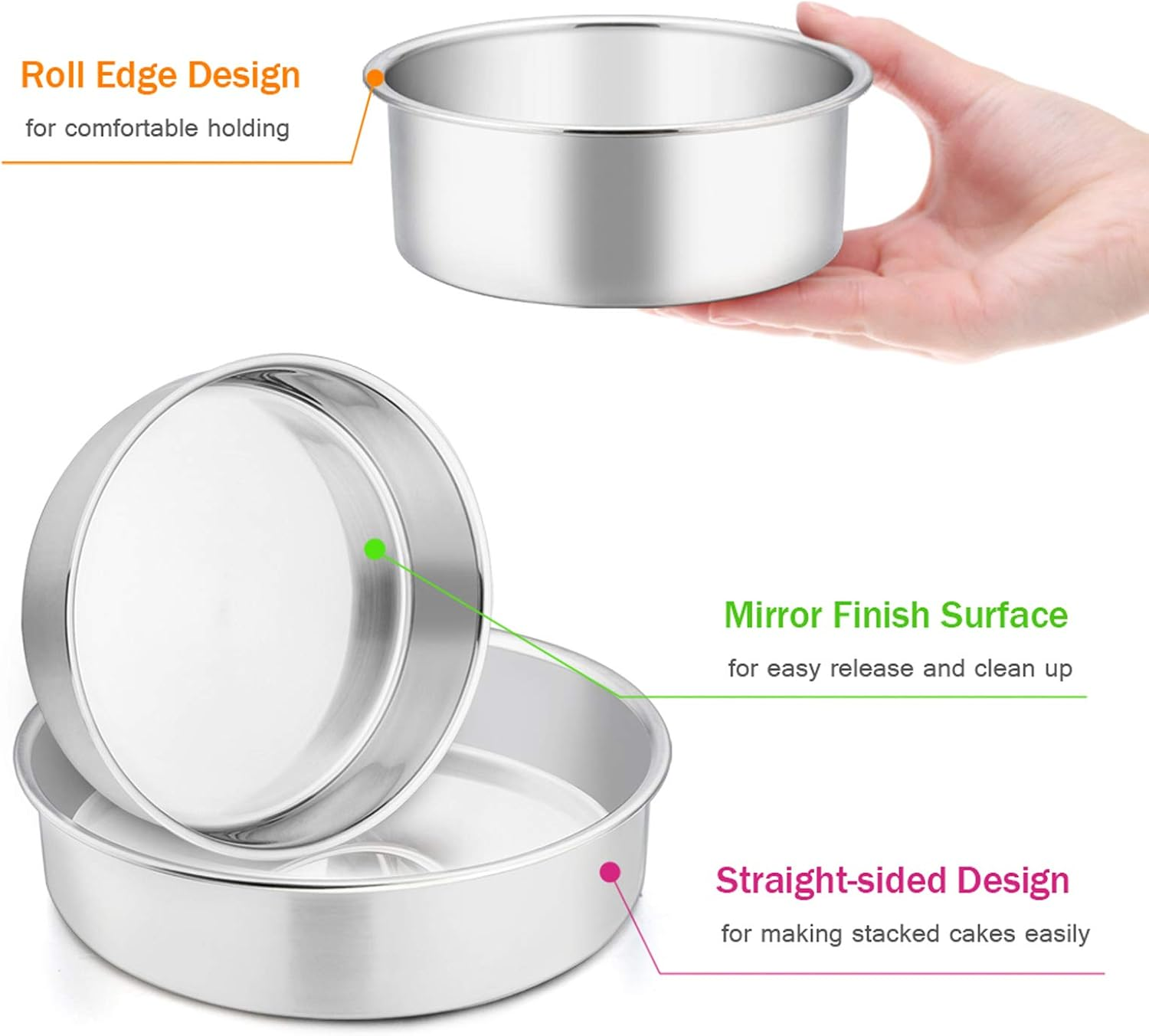Cake Pan Set of 3 (4 Inch/6 Inch/8 Inch), E-Far Stainless Steel Small round Layer Cake Baking Pans, Perfect for Tier Smash Cake, Non-Toxic & Healthy, Mirror Finish & Dishwasher Safe image number 5