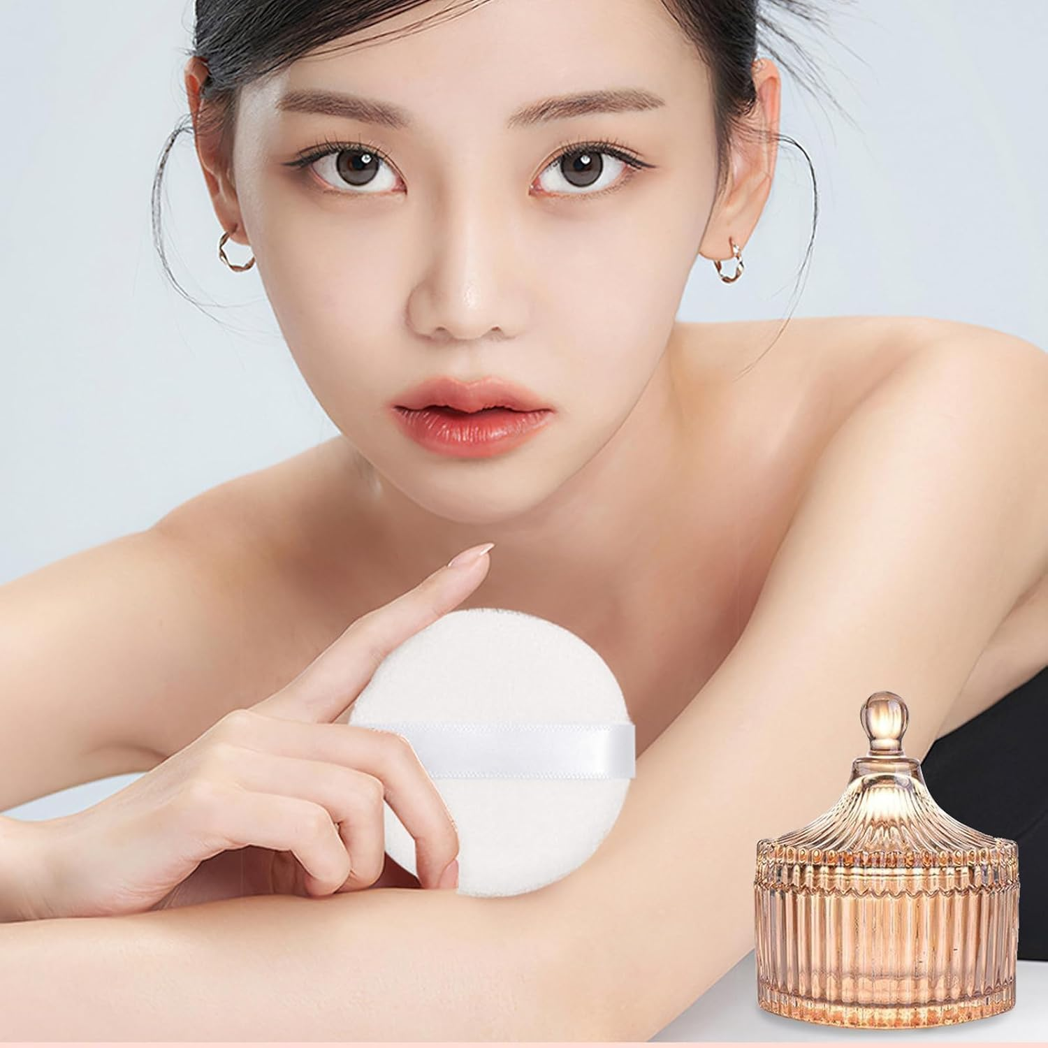 Kuskins Body Powder Puff and Container Set,Large Powder Puff Crystal Container Wet Dry Makeup Dusting Powder Puffs for Women Face & Body Washable, Reusable（Amber） image number 4