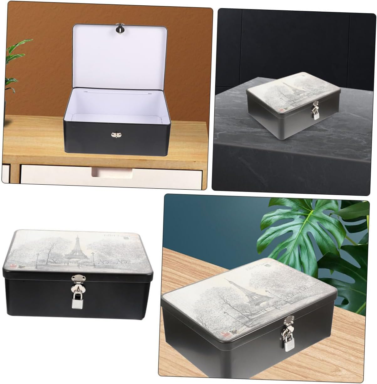 Large Retro Tinplate Storage Box Lock and Key, Metal Tinplate Keepsake and Jewelry Organizer for Desktop, Secure Lockable Tin Case Suitable for Home and Office Storage image number 4