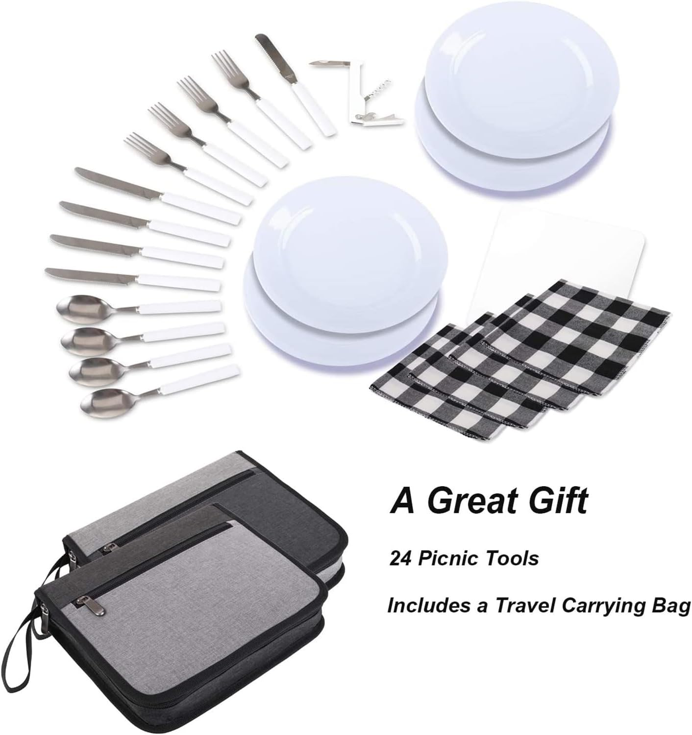 Picnic Set for 4 - Includes 24 Pcs, Portable Travel Utensils with Case, Reusable Camping Cutlery Plates, Stainless Steel of Spoons and Forks, for Hiking, Camp, BBQ, Gift (Grey)
