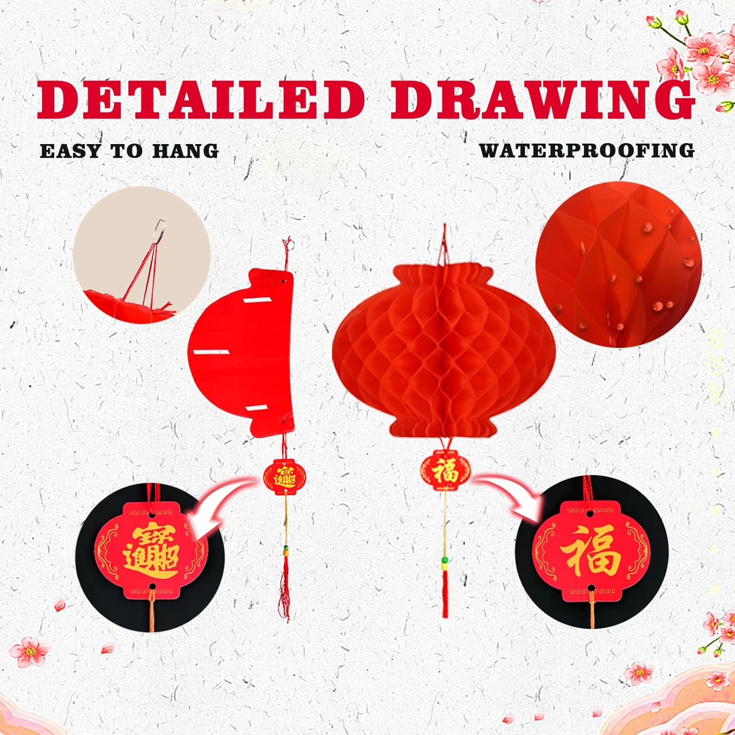 Viiotu 18 Pcs 11.8 in Red Paper Lantern,Chinese New Year Lanterns,Red Lantern,Red Lantern Decorative,Chinese New Year Decorations image number 4