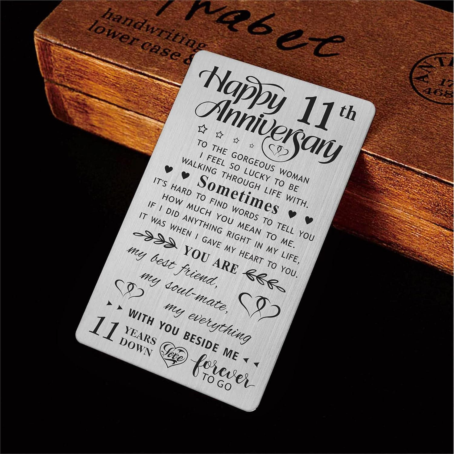 11Th Anniversary Card for Wife, Happy 11 Year Anniversary Card for Her, Metal Engraved Wallet Card image number 1