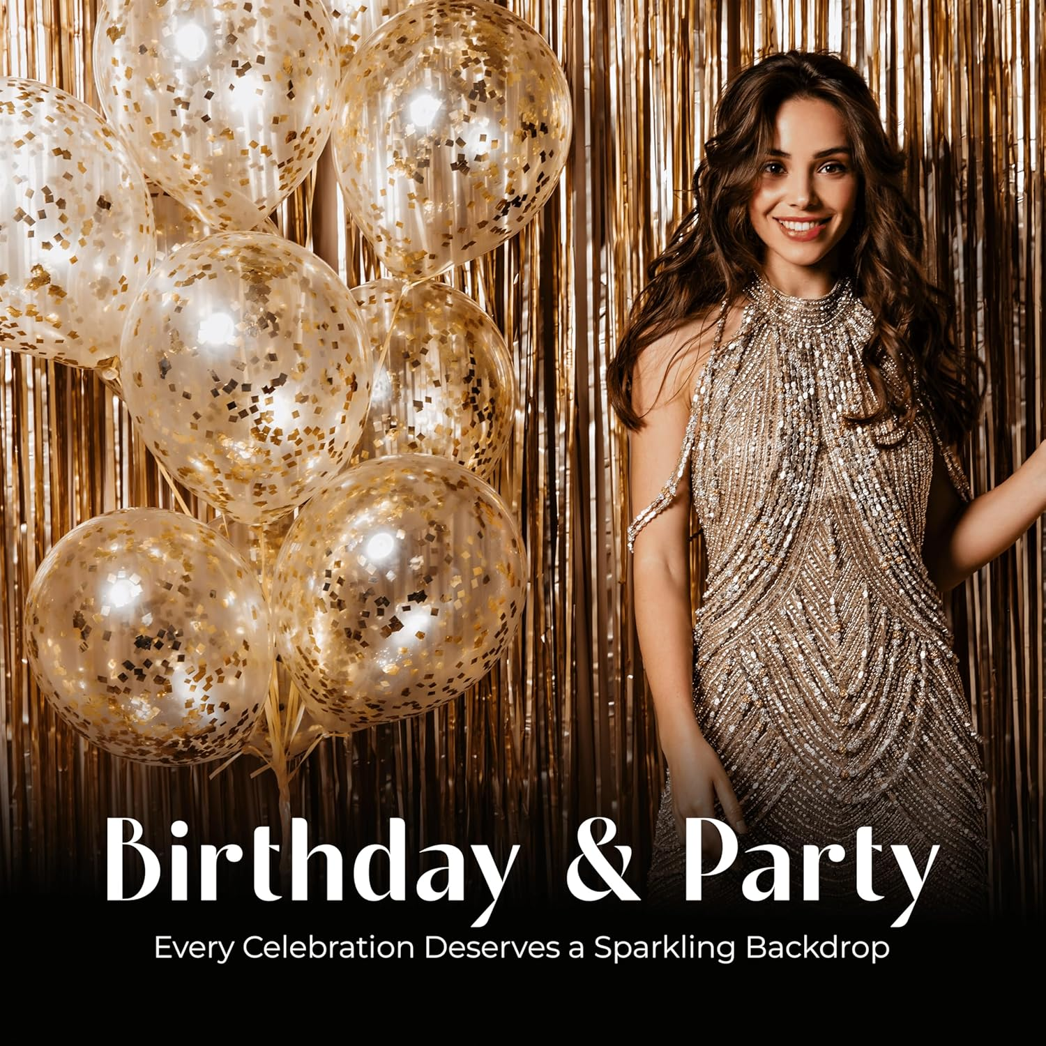 Famvida 3Pcs Champagne Gold Foil Curtain Backdrop Curtain 3.2Ft X 8.2Ft, Door Tinsel Curtains Backdrop, Party Backdrop Decoration for Engagement, Wedding, Bridal Shower, Birthdays, and More image number 1