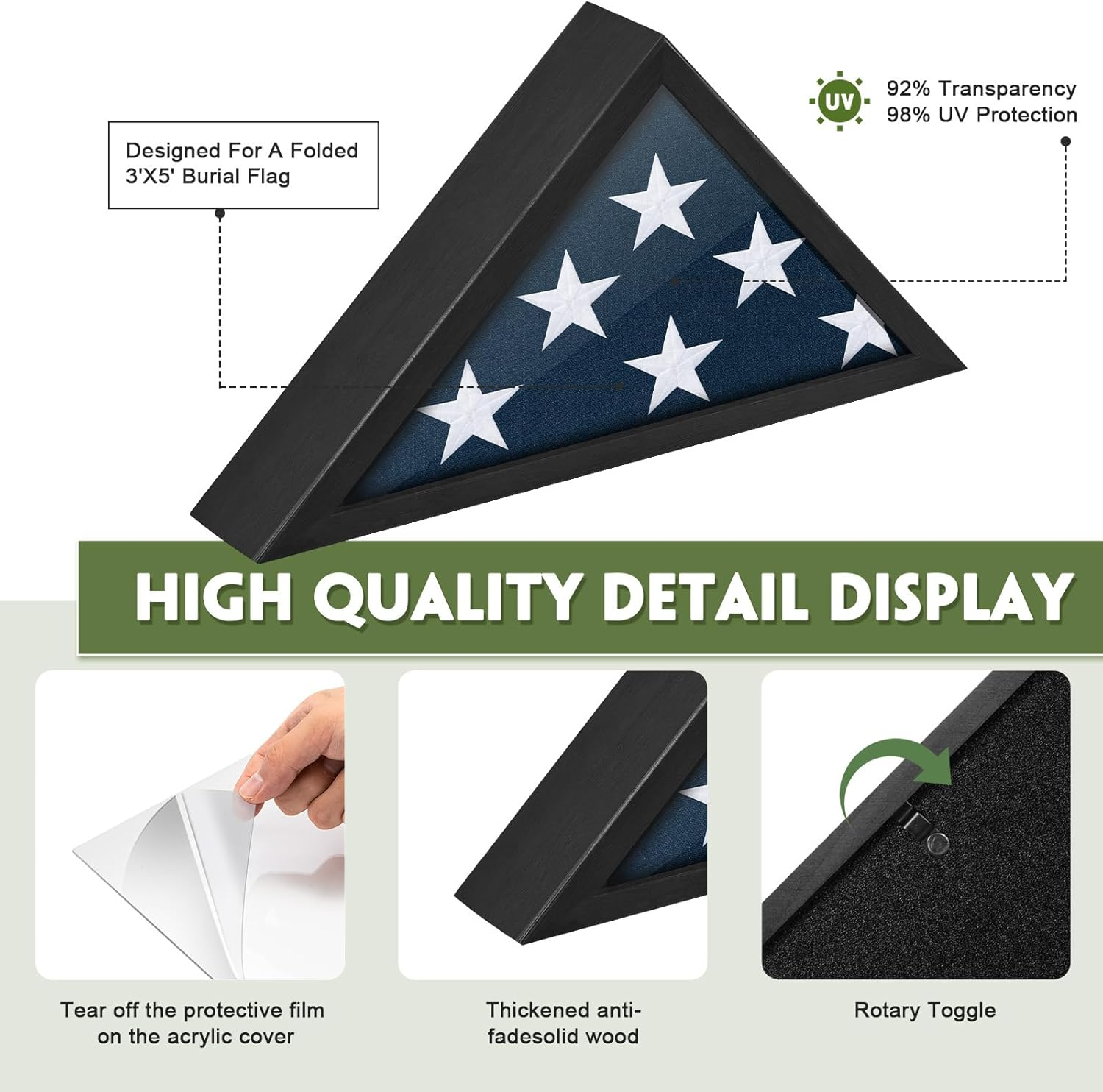 Flag Case for 3X5 FT Flag, 3'X5' American Flag Display Case Black Wood Memorial Flag Veteran Military Medal Pins Shadow Box with Acrylic Covered and Wall Mounted (Not for Burial Flag Size) image number 2