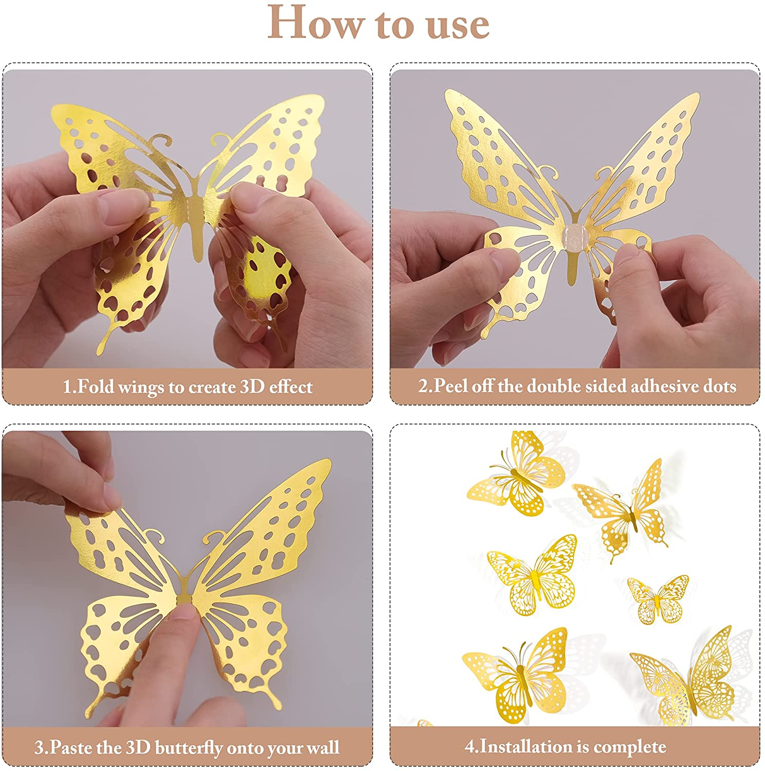 48 Pcs 3D Butterfly Wall Decor,Gold Butterflys Decorations for Birthday Decoration Butterfly Party Decorations Cake Decorations,Wall Stickers,Removable Stickers 4 Styles 3 Sizes,(Gold) image number 3