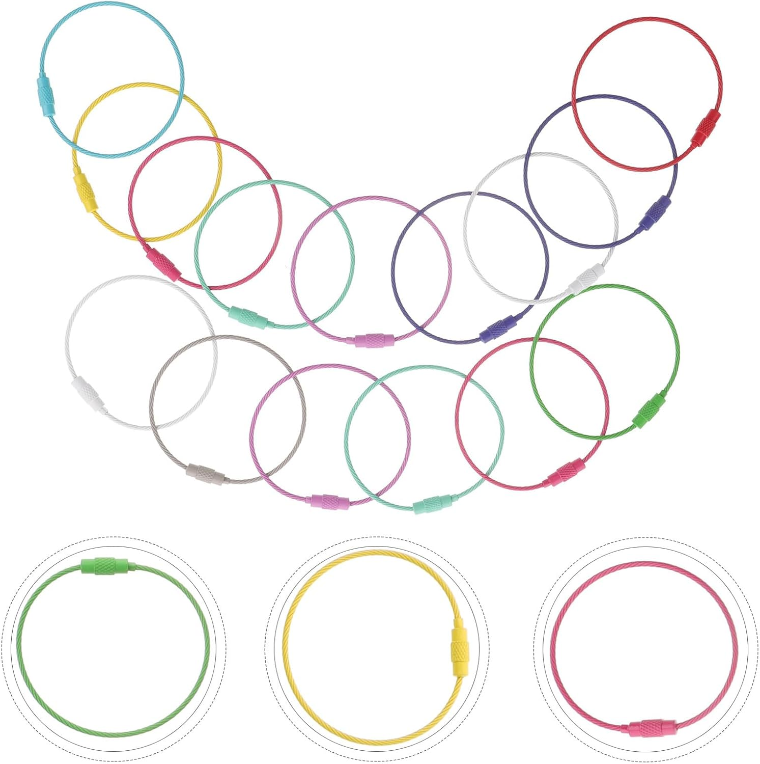 MUCKLILY 15Pcs Painted Steel Wire Keychain Loop Luggage Tag Rings 1.5Mmx15Cm Sturdy Cable Key Ring Holder for Travel Accessories image number 1