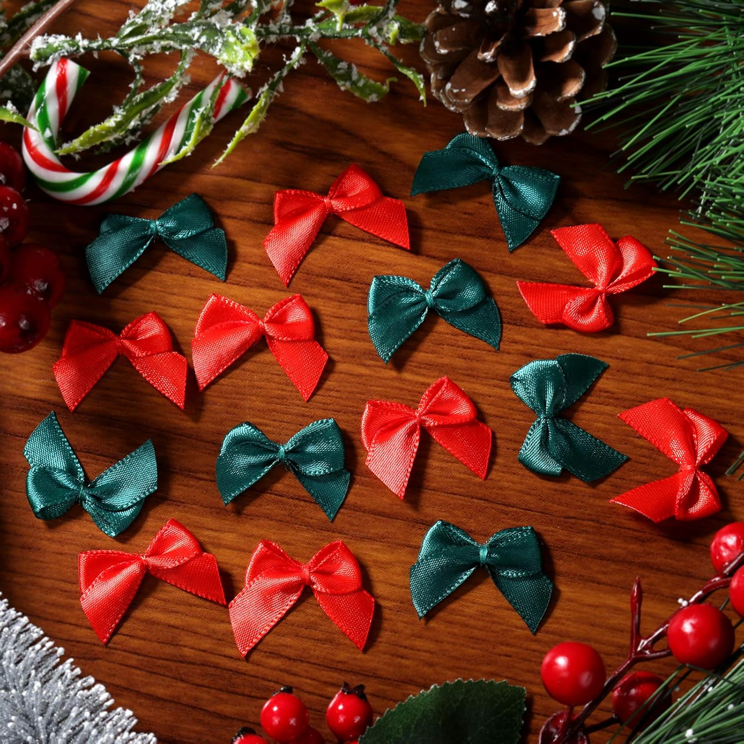 150Pcs Mini Bows Red and Green for Christmas Tree Decoration, Wrapping Crafts, and Home Decoration image number 4