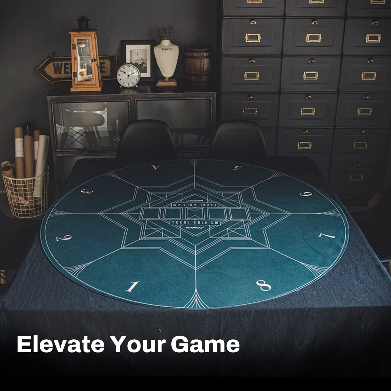 SLOWPLAY Nash 120Cm round Poker Mat for Texas Holdem | Portable Poker Table Top with Art Deco Layout Print,Hemmed Edges,Green Smooth Surface, Carrying Tube for Card Games Everywhere image number 5