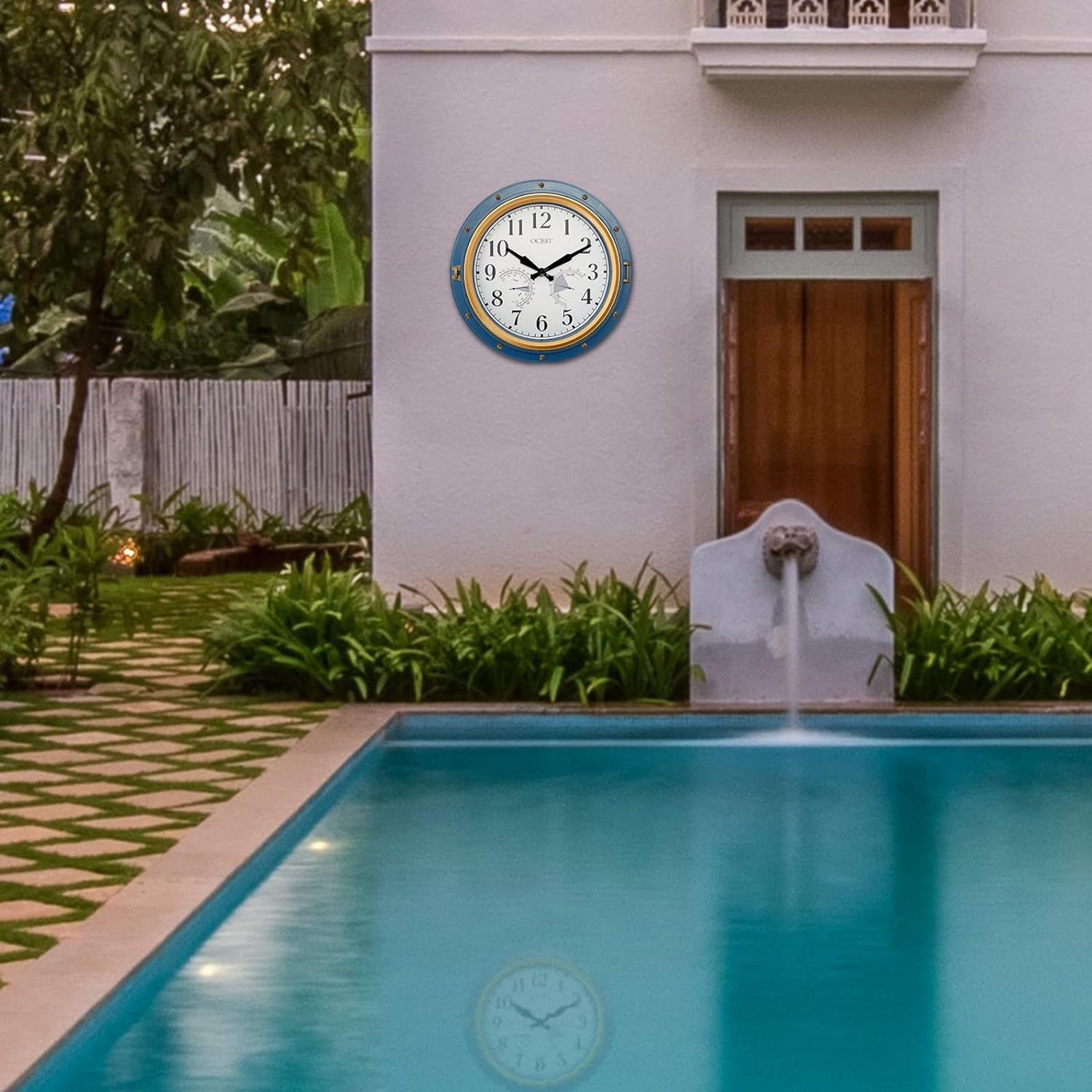 OCEST 16 Inch Garden Clocks Outdoor Waterproof, Large Thermometer, Hygrometer, Retro Design, Non-Ticking Battery Operated for Home Decor Patio (Blue) image number 5