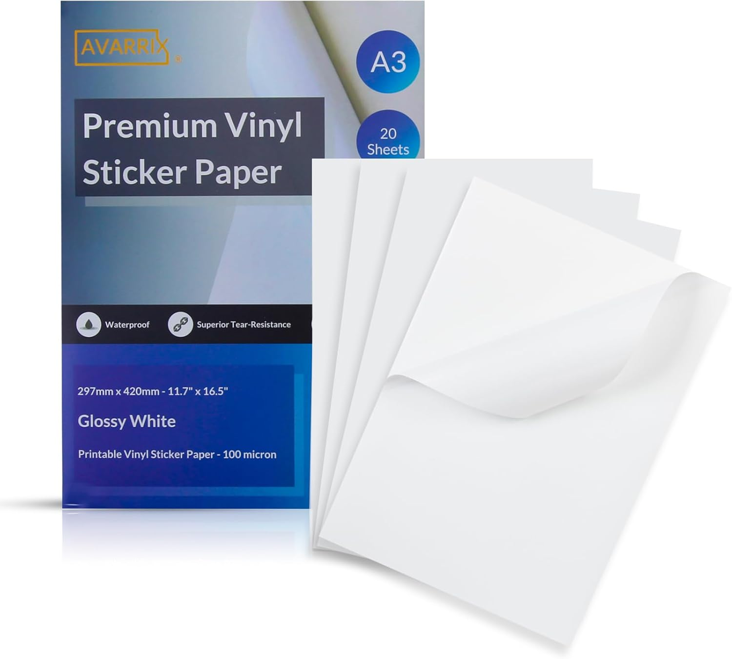 Avarrix Australia Printable Vinyl Sticker Paper for Inkjet Laser Printer, Glossy White, 20 Sheets, Waterproof Label Stickers, Printable Vinyl Sheets, Tear Resistant, Quick Dry Vibrant Colours, A3 Size image number 5