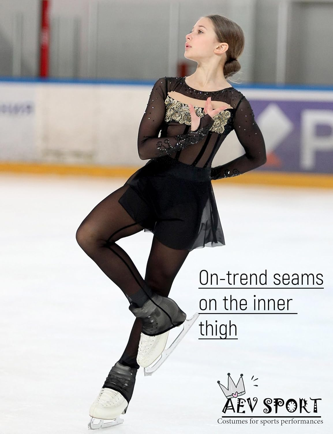 Aevsport Women Mesh Tights for Figure Ice Skating with Seam over the Heel of the Boot