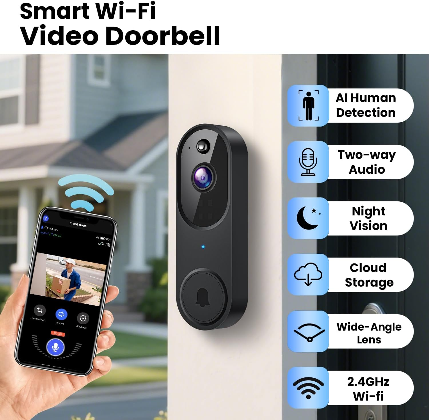 Wireless Wi-Fi Video Doorbell Camera with Two Way Talk, AI Motion Detection, Instant Alert, Night Vision and Cloud Storage, 2.4G Wi-Fi, Chime Included image number 6