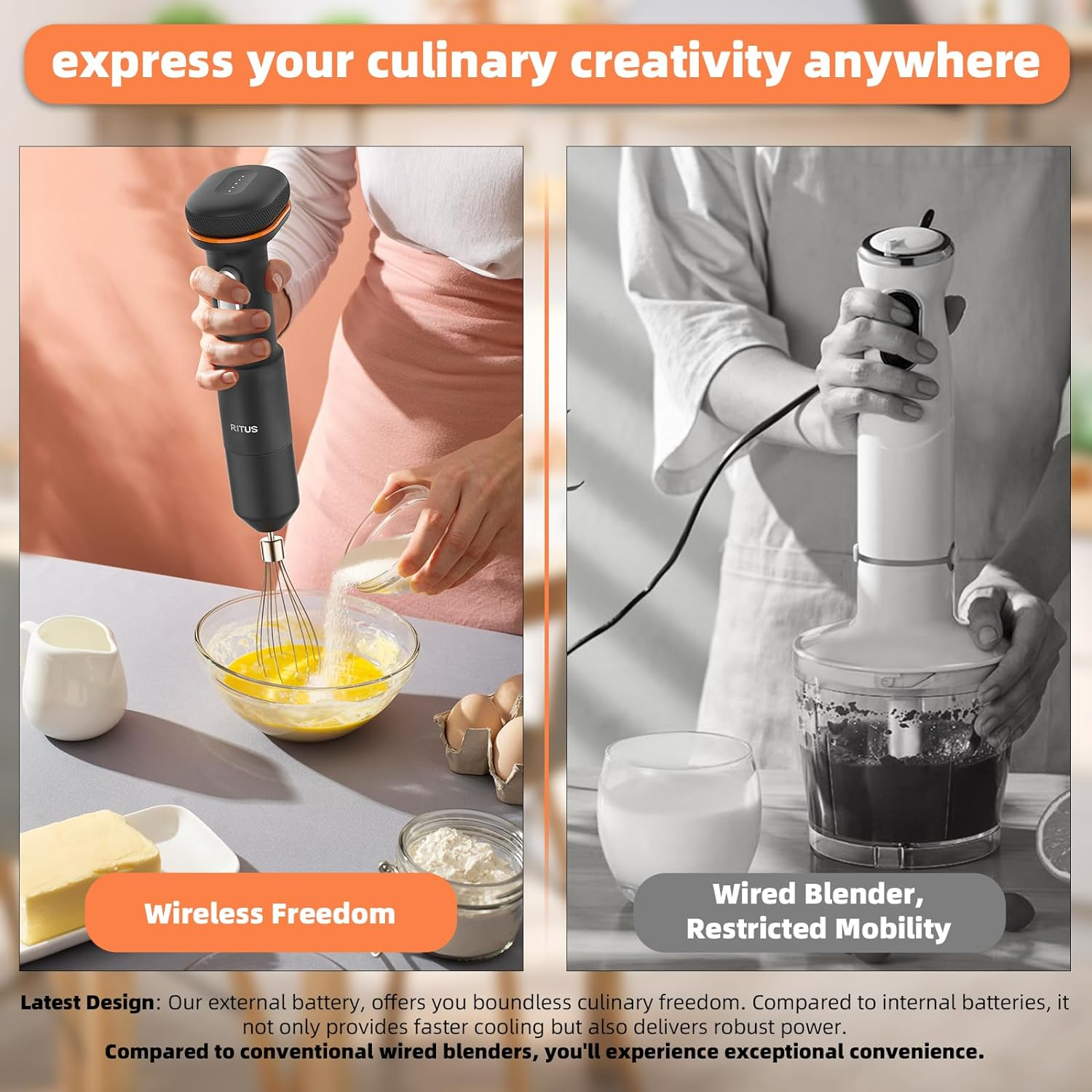 RITUS Immersion Blender, 5 in 1 Cordless Hand Blender Heavy Duty Motor, 4000-13000RPM Lmmersion Blender Variable Speed Hand Blender with Mixing Beaker, Chopper, Whisk and Milk Frother image number 5