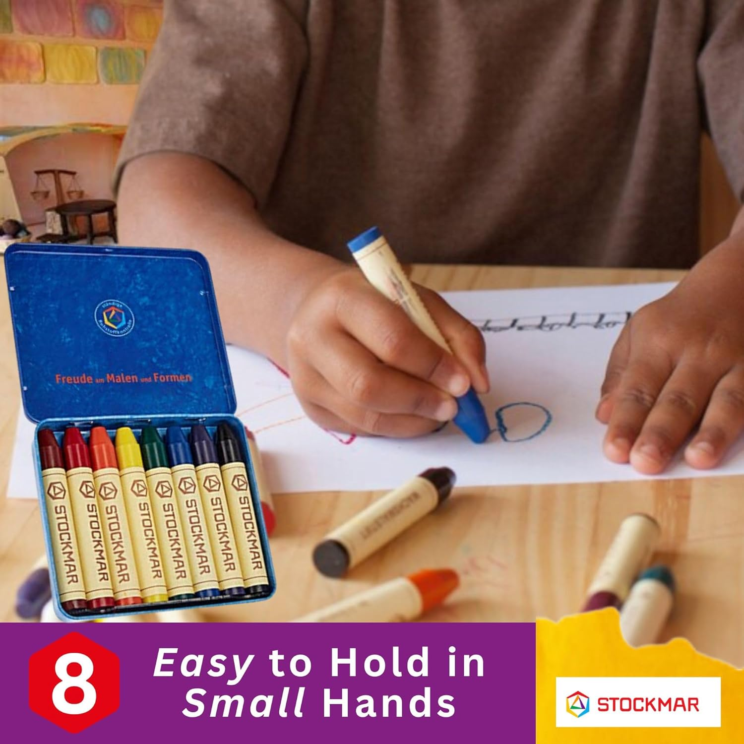 Wax Crayons with Pure Beeswax Sticks in Tin Box, Assorted Colors (Pack of 8) image number 5