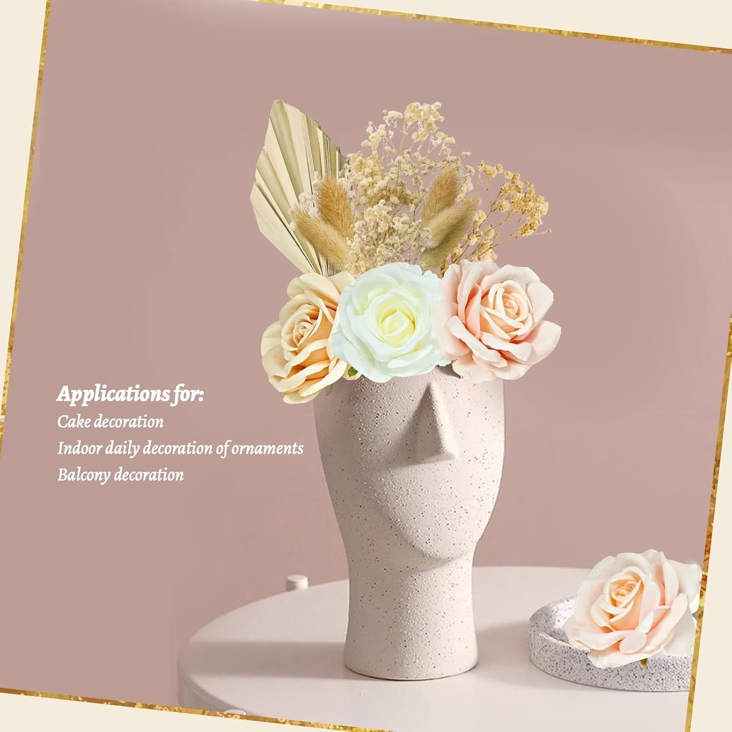 Morofme 21Pcs Boho Cake Decor - Acrylic Minimalist Art Lady Gold Face & Vintage Artificial Rose Flower Leaves for Bohemian Birthday Wedding Bridal Baby Shower image number 5