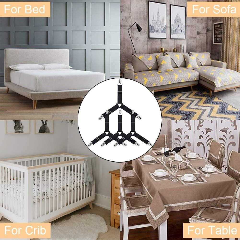 Sheet Fasteners,Bed Sheet Holder Straps,Sheet Suspenders with Elastic Bands and Corner Clips,Used for Bed Sheets,Mattress Covers,Sofa Cushion(4Pcs/Set, Black) image number 1