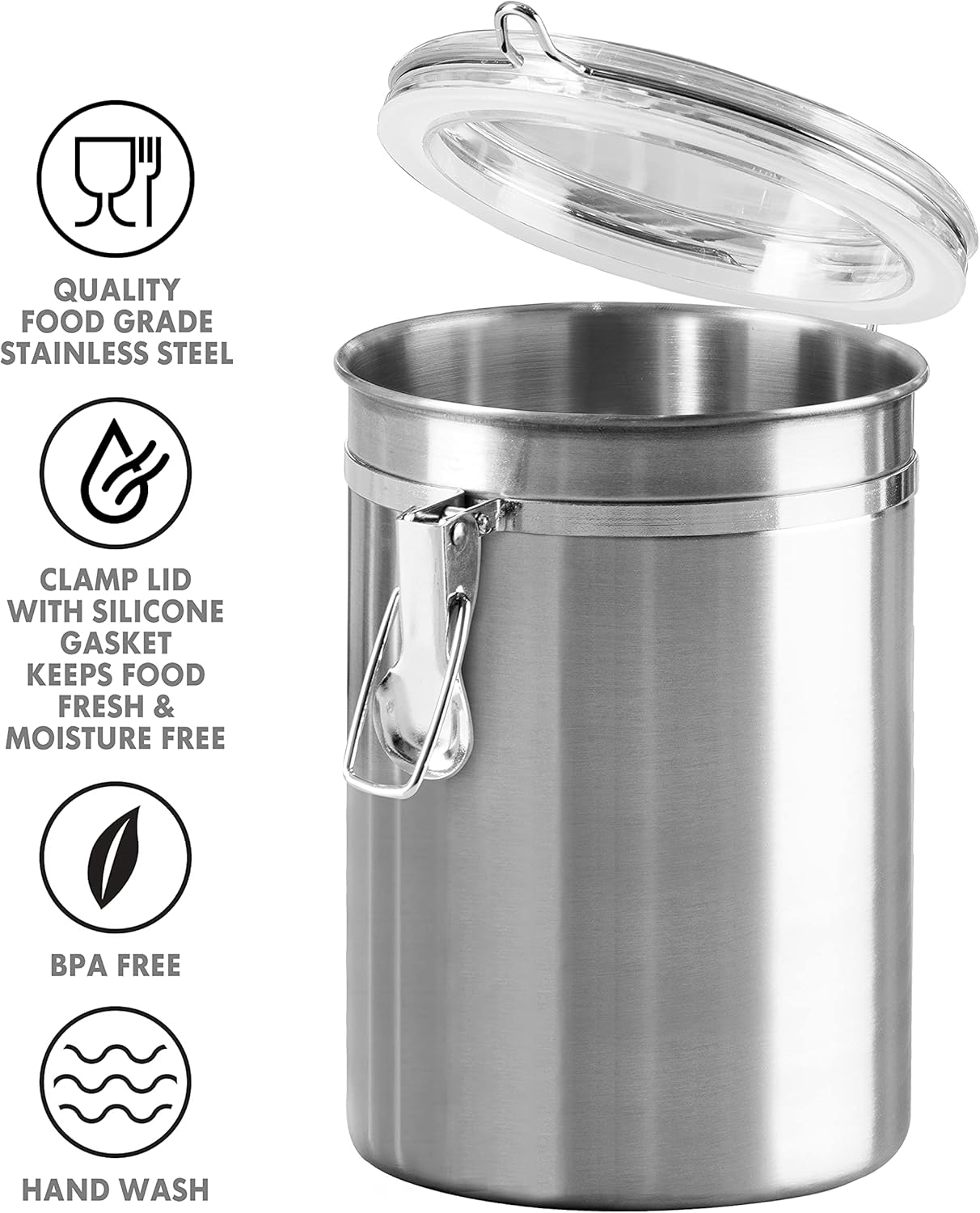 OGGI Stainless Steel Kitchen Canister 62Oz - Airtight Clamp Lid, Clear See-Thru Top - Ideal for Kitchen Storage, Food Storage, Pantry Storage. Large Size 5" X 7.5". - 26-Fluid Ounces, Stainless Steel image number 1