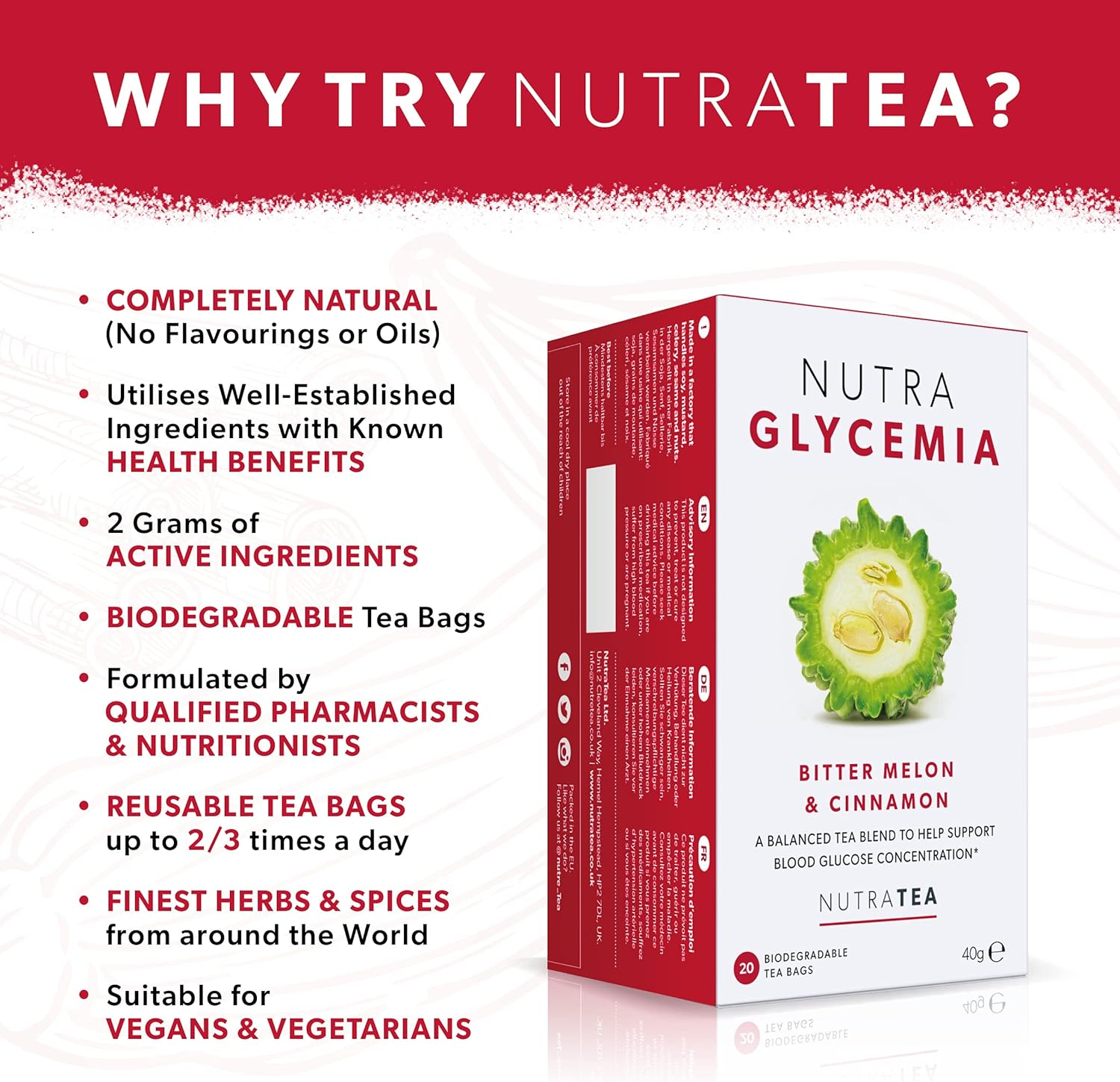 NUTRAGLYCEMIA - Blood Glucose Tea | Diabetes Tea - for Blood Sugar Control & Diabetics - Includes Bitter Melon, Cinnamon & Fenugreek - 40 Enveloped Tea Bags - by Nutra Tea - Herbal Tea - (2 Pack) image number 1