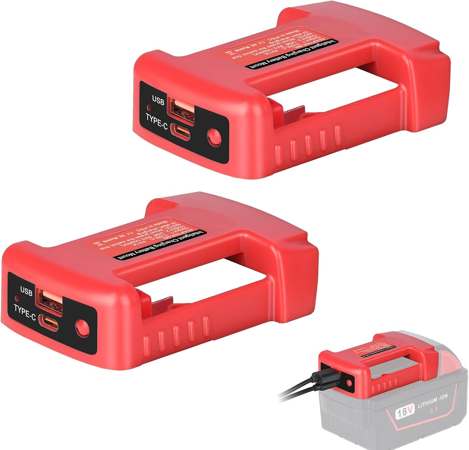 2-Pack USB Charger Adapter for Milwaukee M18 Battery, Battery Charger with USB and Type-C Charging Port for MIL18V MAX Lithium Battery image number 3