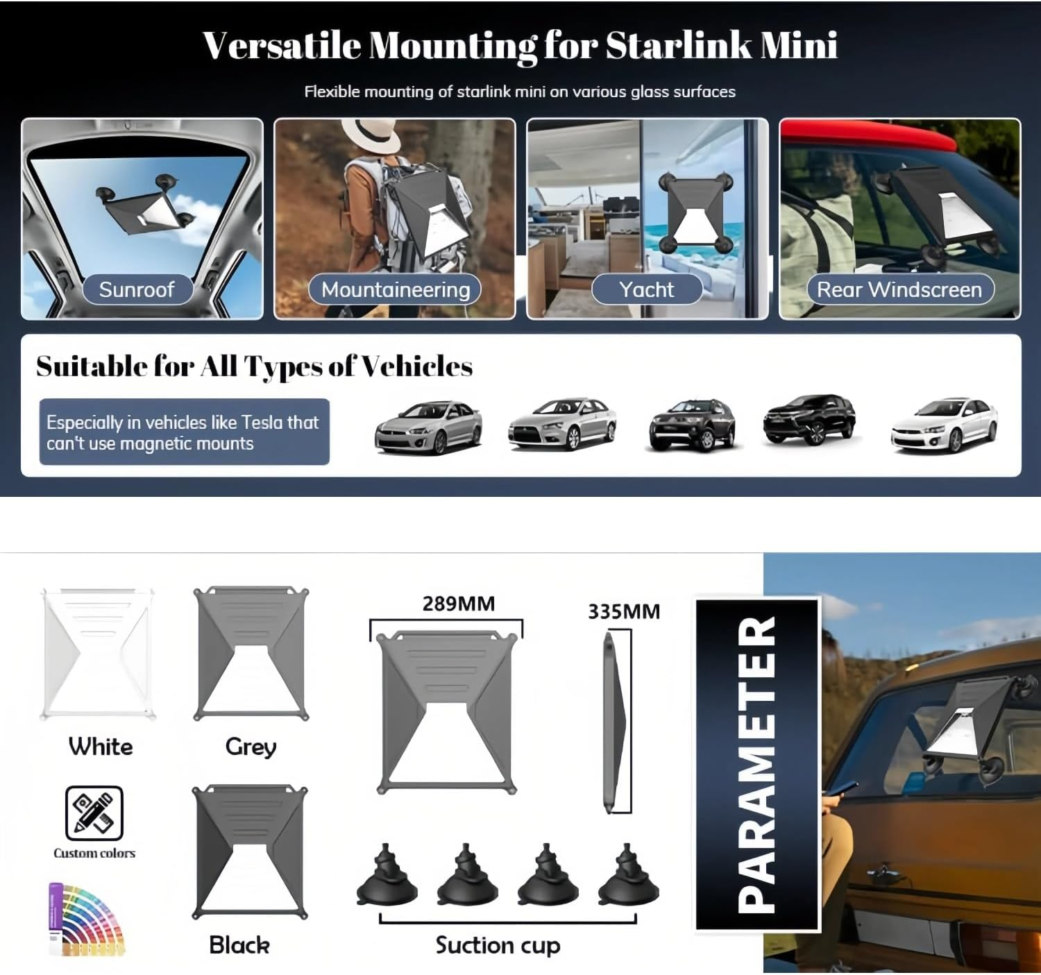 Starlink Mini Suction Cup Mount,Starlink Mini Car Mount Protect Silicone Case for 2-In-1 Roof Cover for Sunroof Window, Ensure Stable Satellite Signal for Cars, Rvs, Trucks, Boats and Road Trip(Black) - Gray image number 5