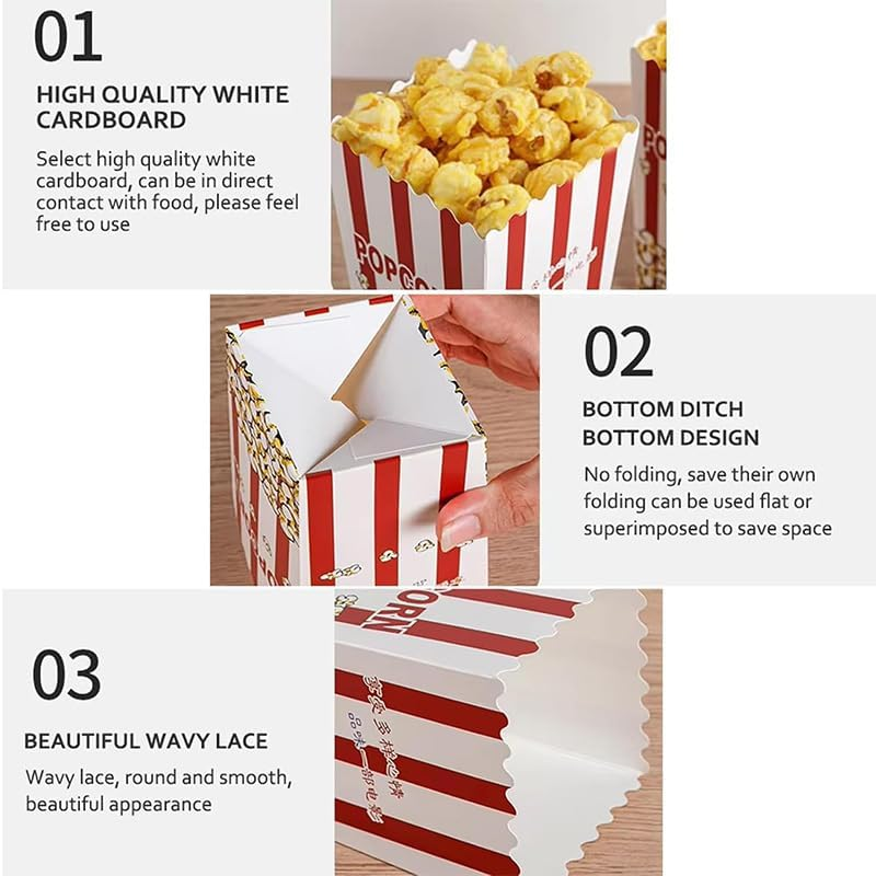 10 Large Capacity Popcorn Containers - Red & White Striped Paper Popcorn Boxes for Families, Parties, Movie Nights and Events image number 3