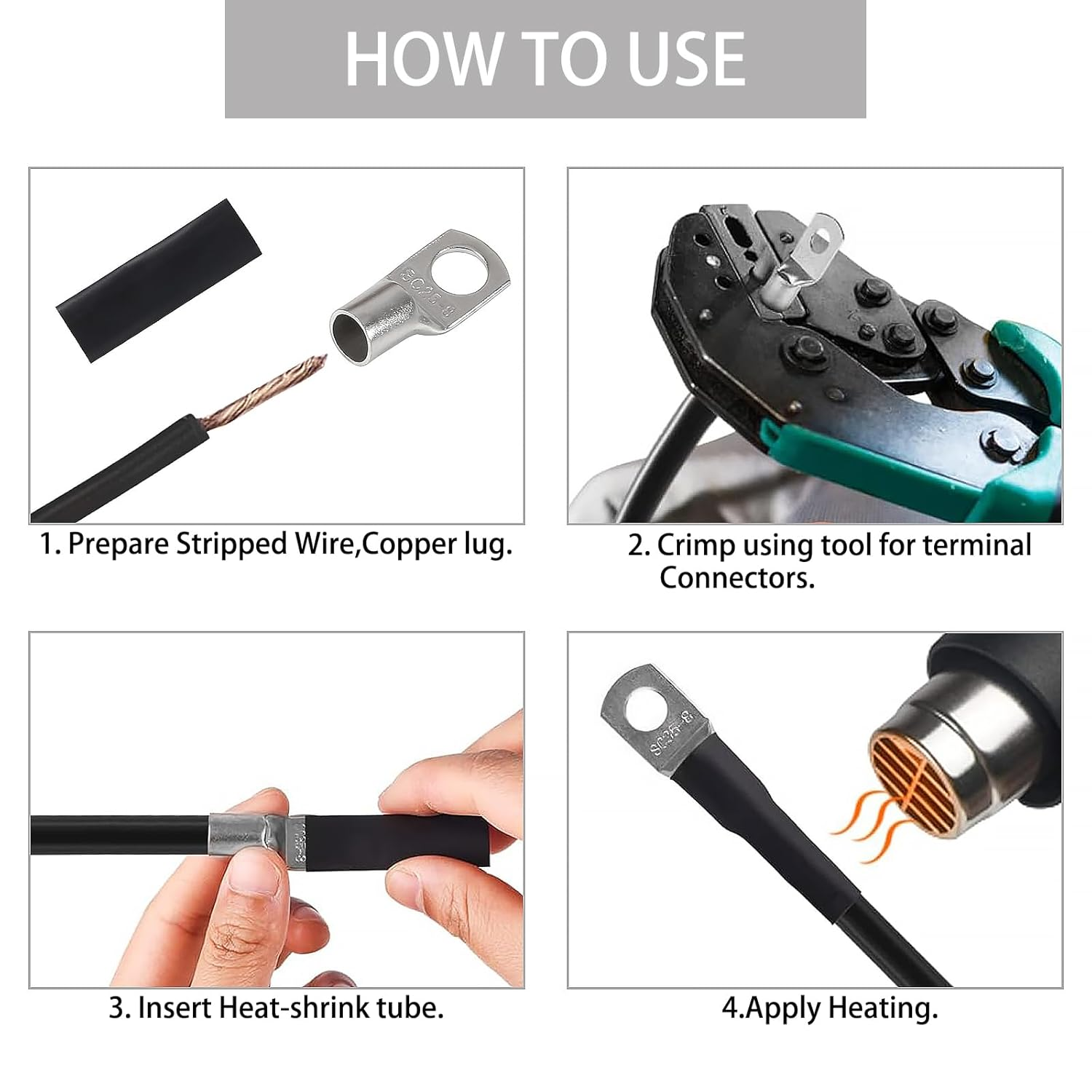 220PCS Copper Wire Lugs with Heat Shrink Set,100Pcs Tinned Battery Copper Cable Lugs Crimp Terminals Kits with 120Pcs Heat Shrink Tubing