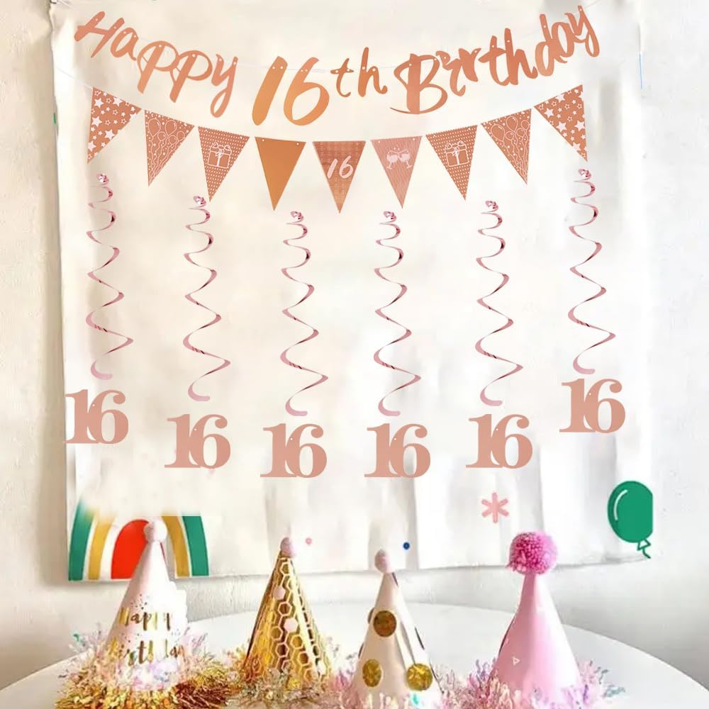 Happy 16Th Birthday Party Supplies for Women Girls,Rose Gold Happy 16Th Birthday Banner Bunting,Triangle Banner Flag Sash Hanging Swirls Streamers for Women Birthday Party Decoration (16Th) image number 2
