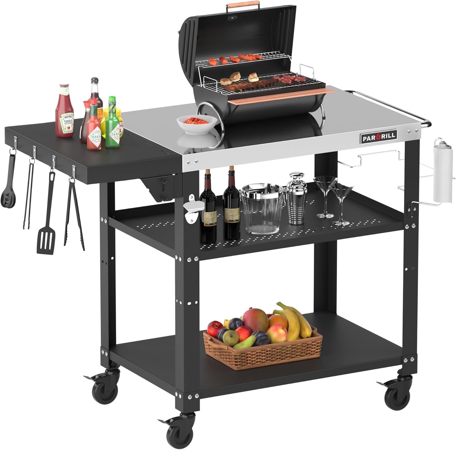 46.6" L X 20" W Three-Shelf Outdoor Grill Table, 4 Swivel Casters with Brake, Movable Outdoor Prep Table with Foldable Side Table, Stainless Steel Pizza Oven Table, BBQ Grilling Table image number 6