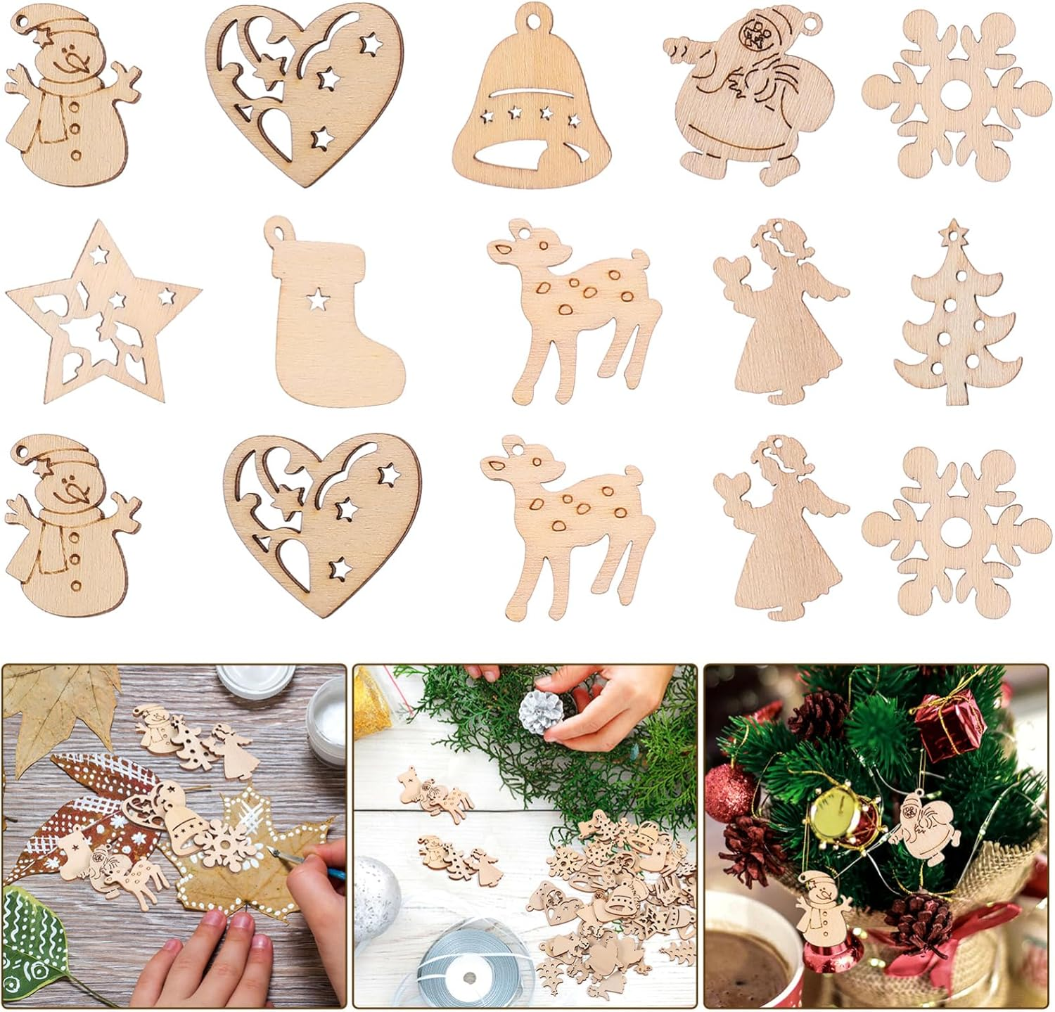 100Pcs Mini Unfinished Wooden Christmas Slice: DIY Christmas Blank Ornaments Wood Slice Cutout for Holiday Winter Xmas Tree Hanging Decoration image number 6