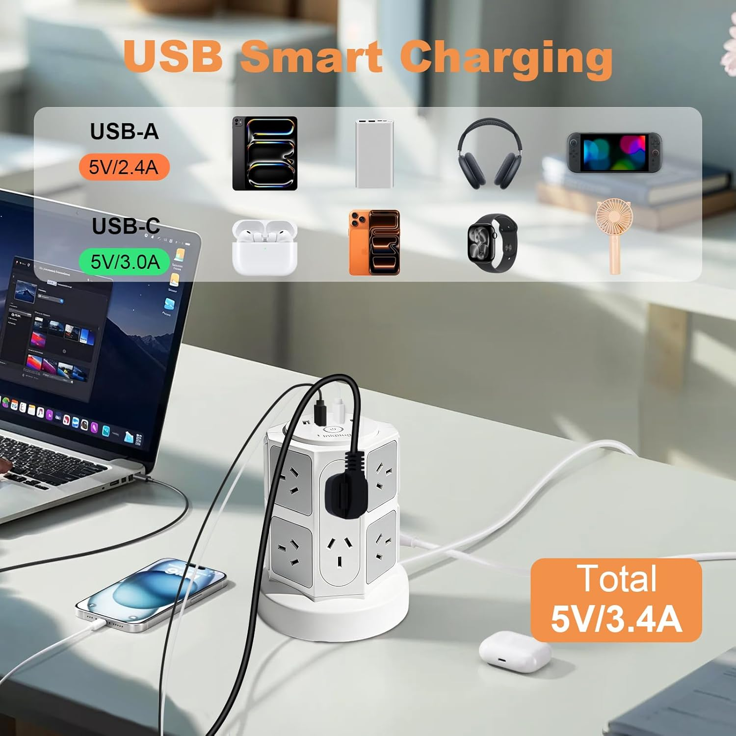 Inkplug Power Board Surge Protected with 12 Widely Outlets, Powerboard with 2 USB C & 2 USB A, 1050J Surge Protector, 2 M Extension Cord, Power Board Tower for Home, Office, School, image number 3