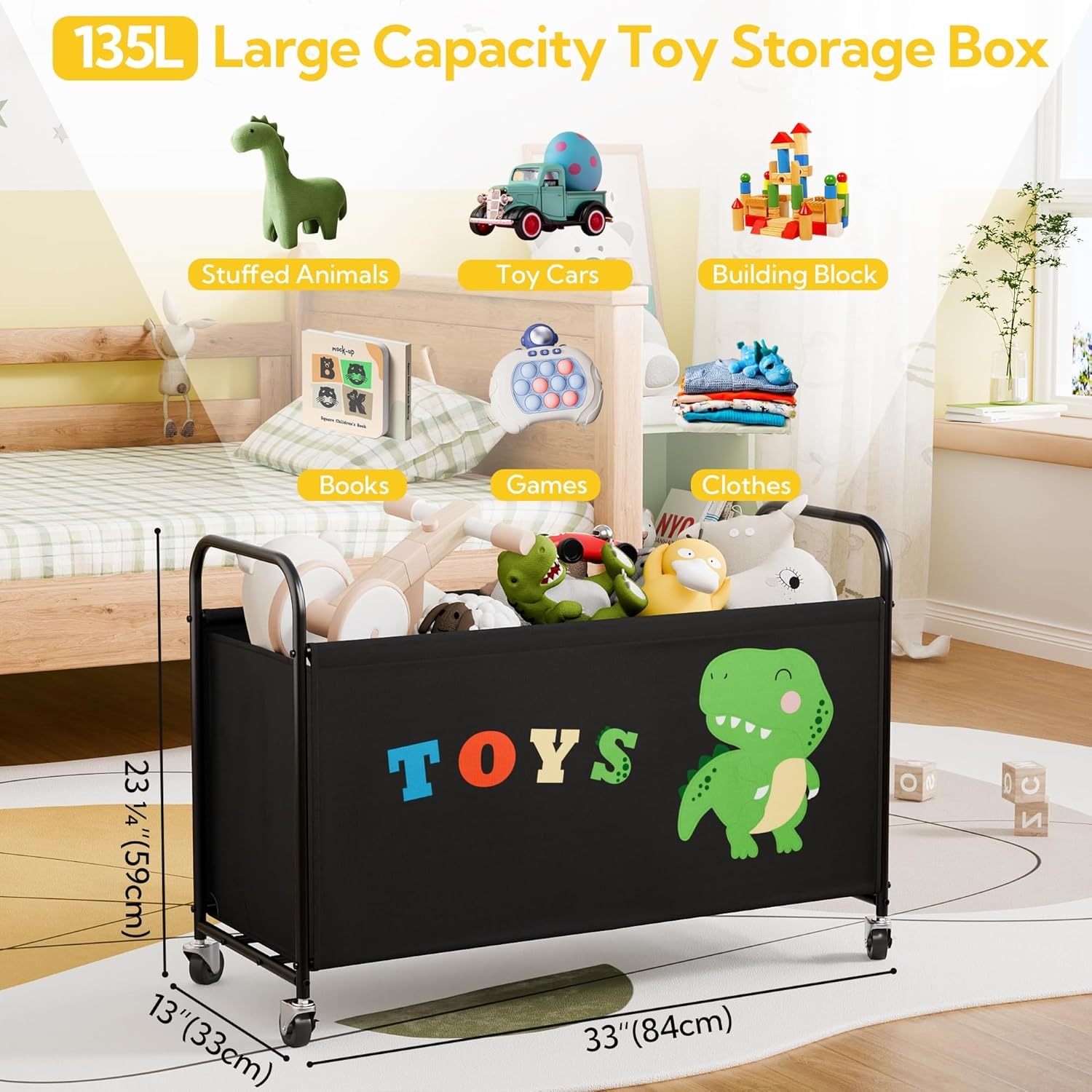 GRANNY SAYS Toy Chest with Wheels, 135L Extra Large Toy Storage Organiser, Metal Toybox Dinosaur, Toys Storage Box for Kids, Baby Toy Bin for Children Nursery Play Room Organizing Plush Toys, Black image number 6