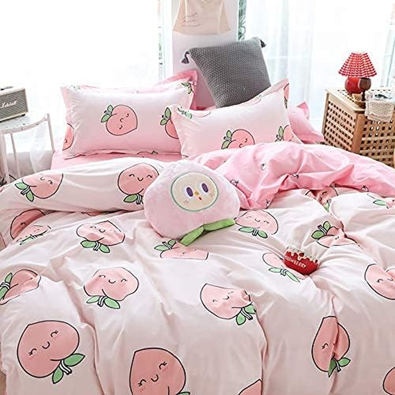 Erosebridal Cartoon Duvet Cover Set Full Pink Peach Bedding Kid Kawaii Girl Lovely Comforter Cute Fruits Quilt Tropical Plant Reversible Soft Bedspread Room Decor image number 2
