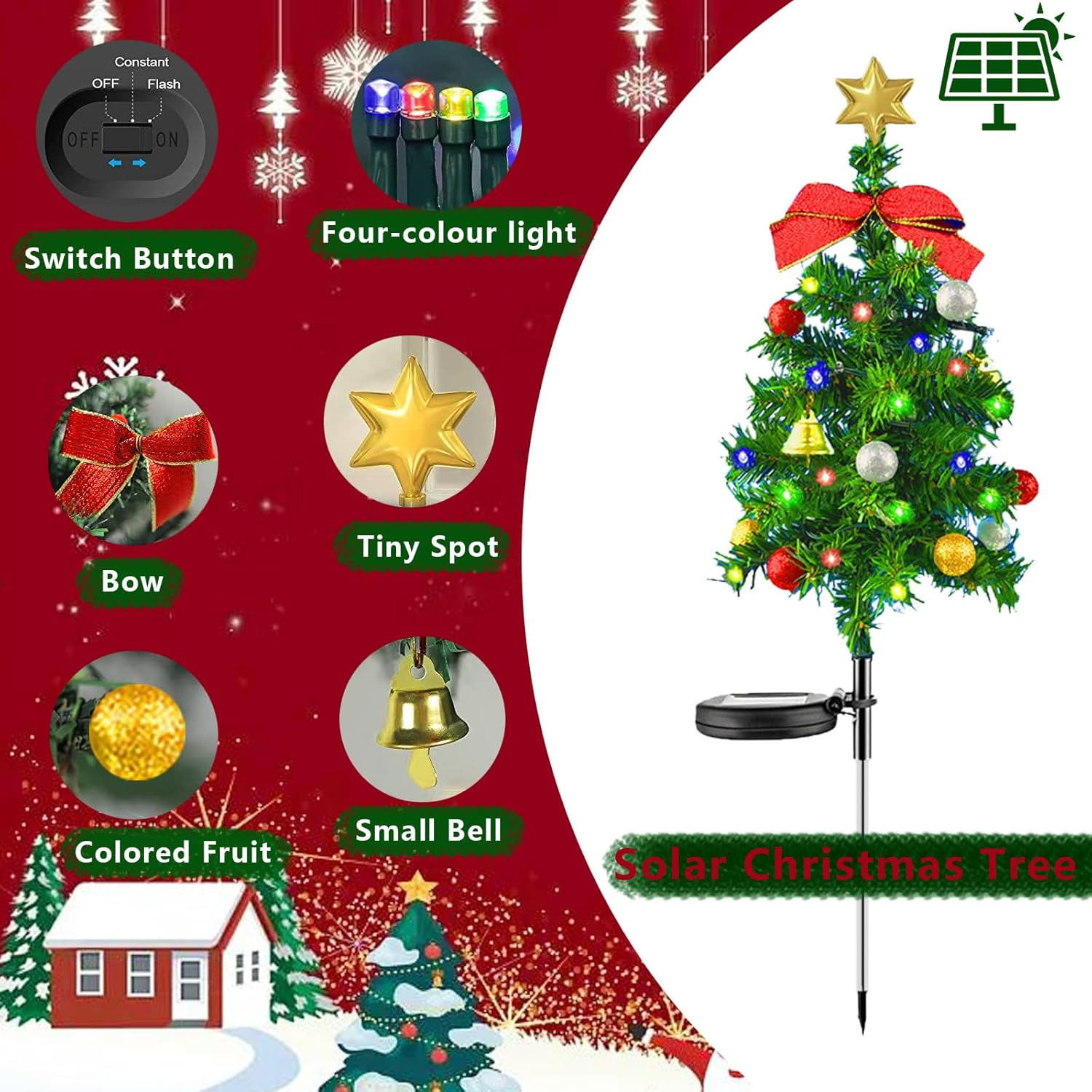 2PCS Solar Christmas Tree Light Outdoor Waterproof,26.7 Inch Solar Tree Lights with LED Four Color Decorated Prelit Gift Boxes & Ornaments for Pathway Patio Yard Garden Cemetery image number 5