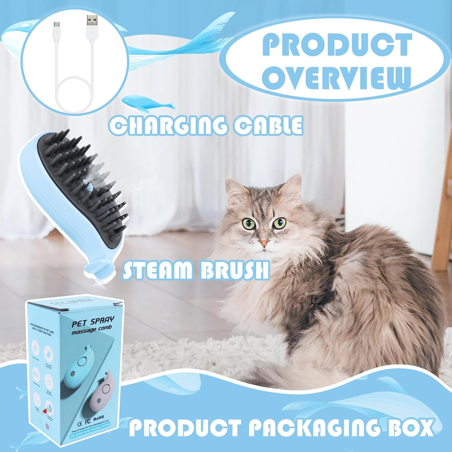 Cat Steam Brush - Cat Steam Brush - Self-Cleaning Steam Cat Brush for Massage, Steam Brush for Pets to Remove Matted and Loose Hair, Cat Grooming Brush Hair Removal Comb image number 4