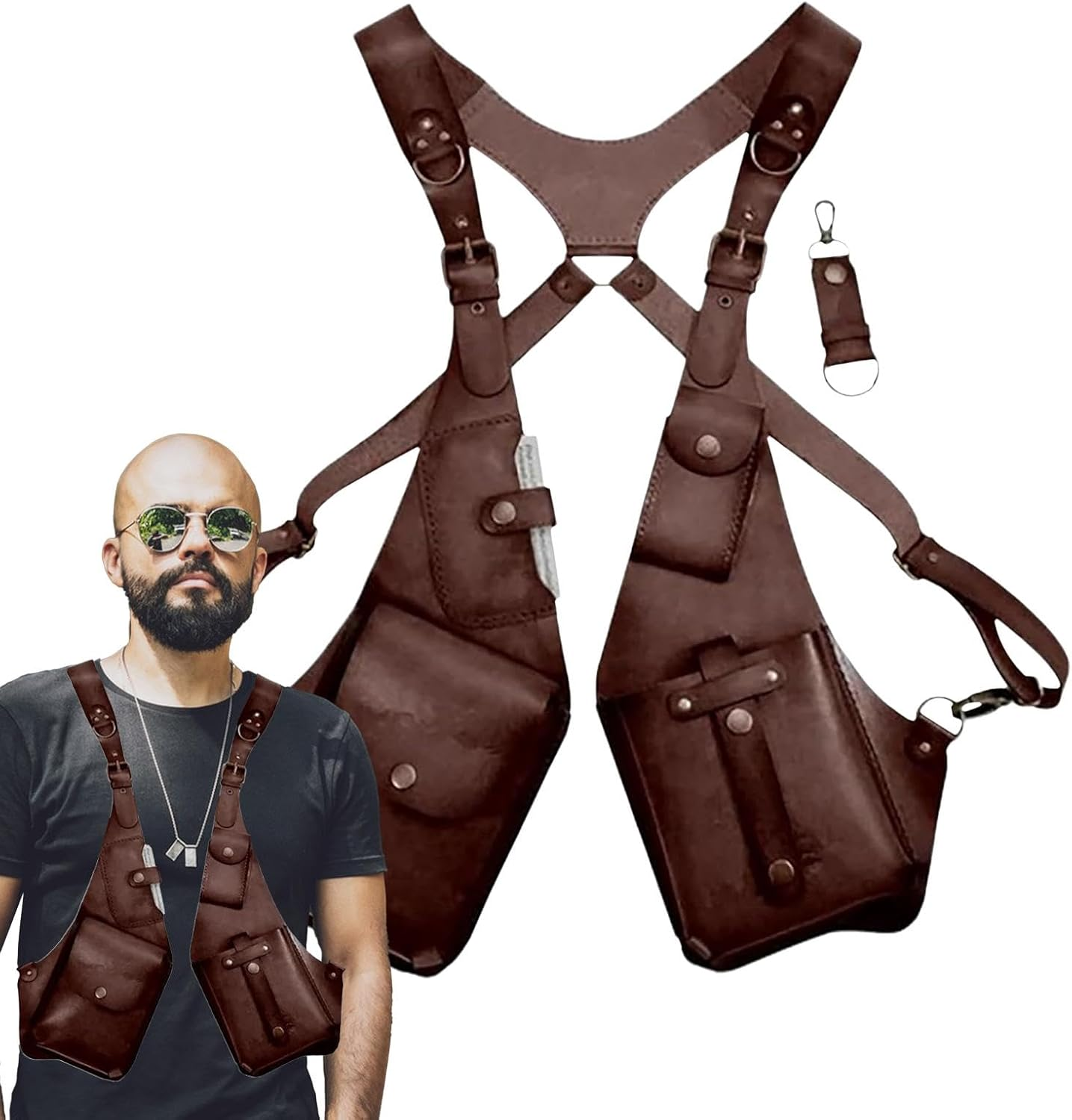 Leather Safety Belt with Adjustable Security Pocket Theft Protection Safety Belt for Men | Medieval Vintage Design with Double Straps, Handy Pocket for Cell Phones, Dark Brown, Consulte La Descripci&oacute;n - Dark Brown image number 4